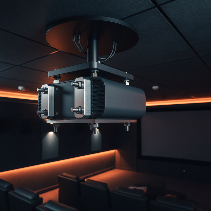 A high-end projector ceiling mounted in a modern home theater, with reinforced mounting points visible and a secure, stable installation.