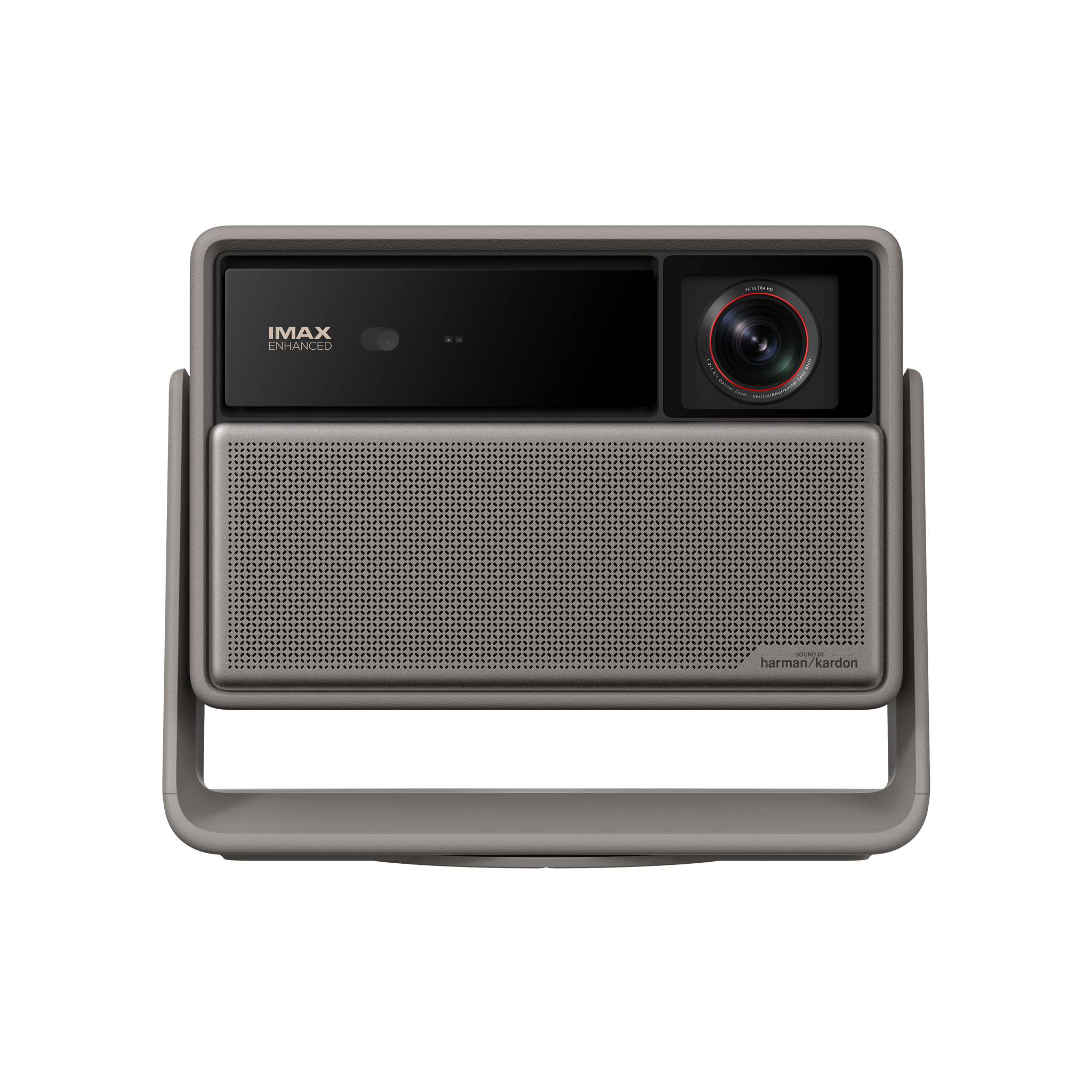 HORIZON 20 Max projector in elephant grey, IMAX Enhanced lens, Harman Kardon speaker, product design.