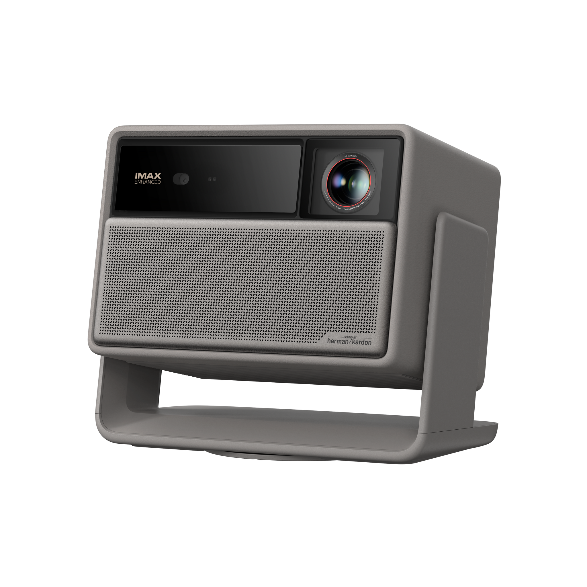 HORIZON 20 Max projector in elephant grey, IMAX Enhanced lens, Harman Kardon speaker, product design.