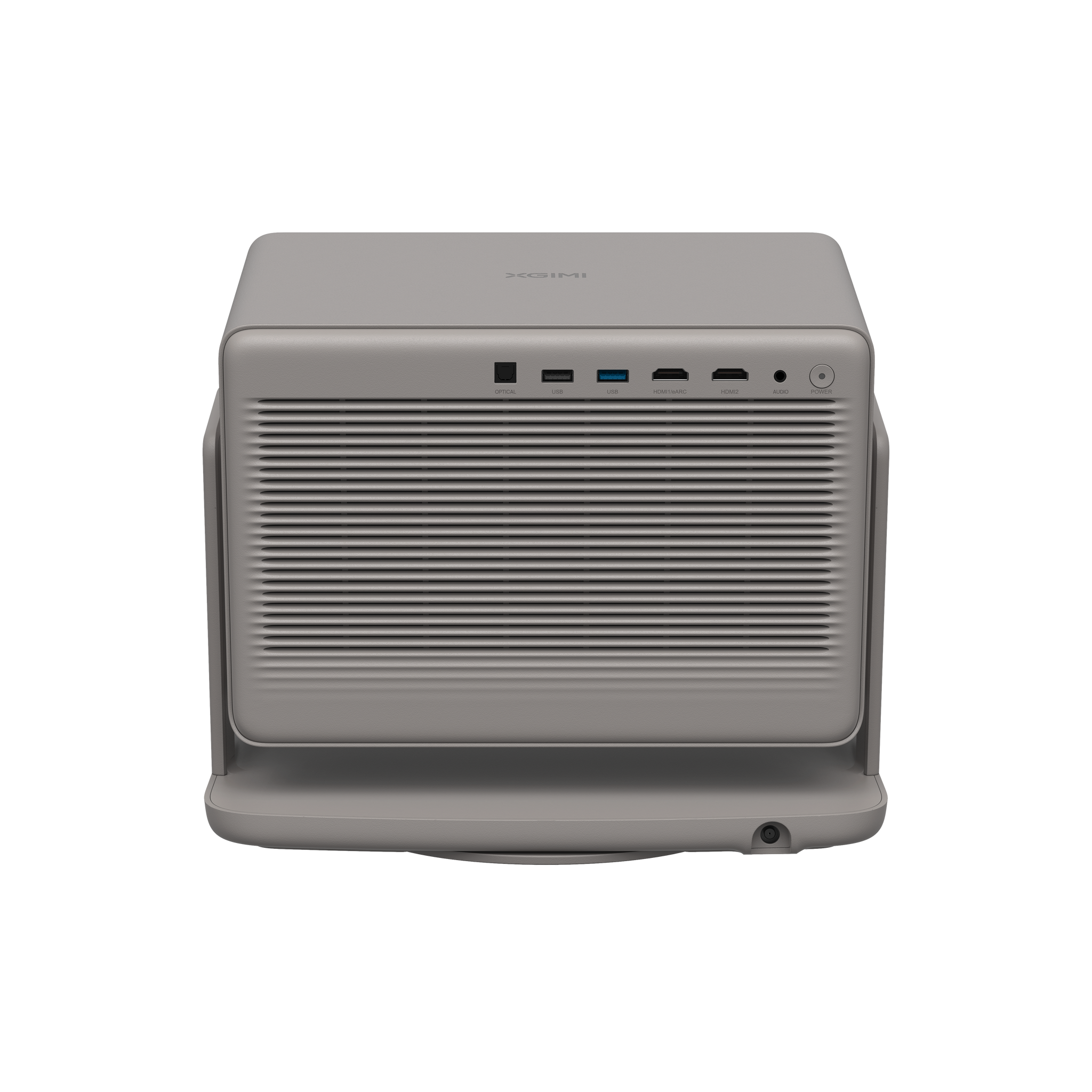 HORIZON 20 projector matte gray front view showing HDMI, USB ports, and vent grille.