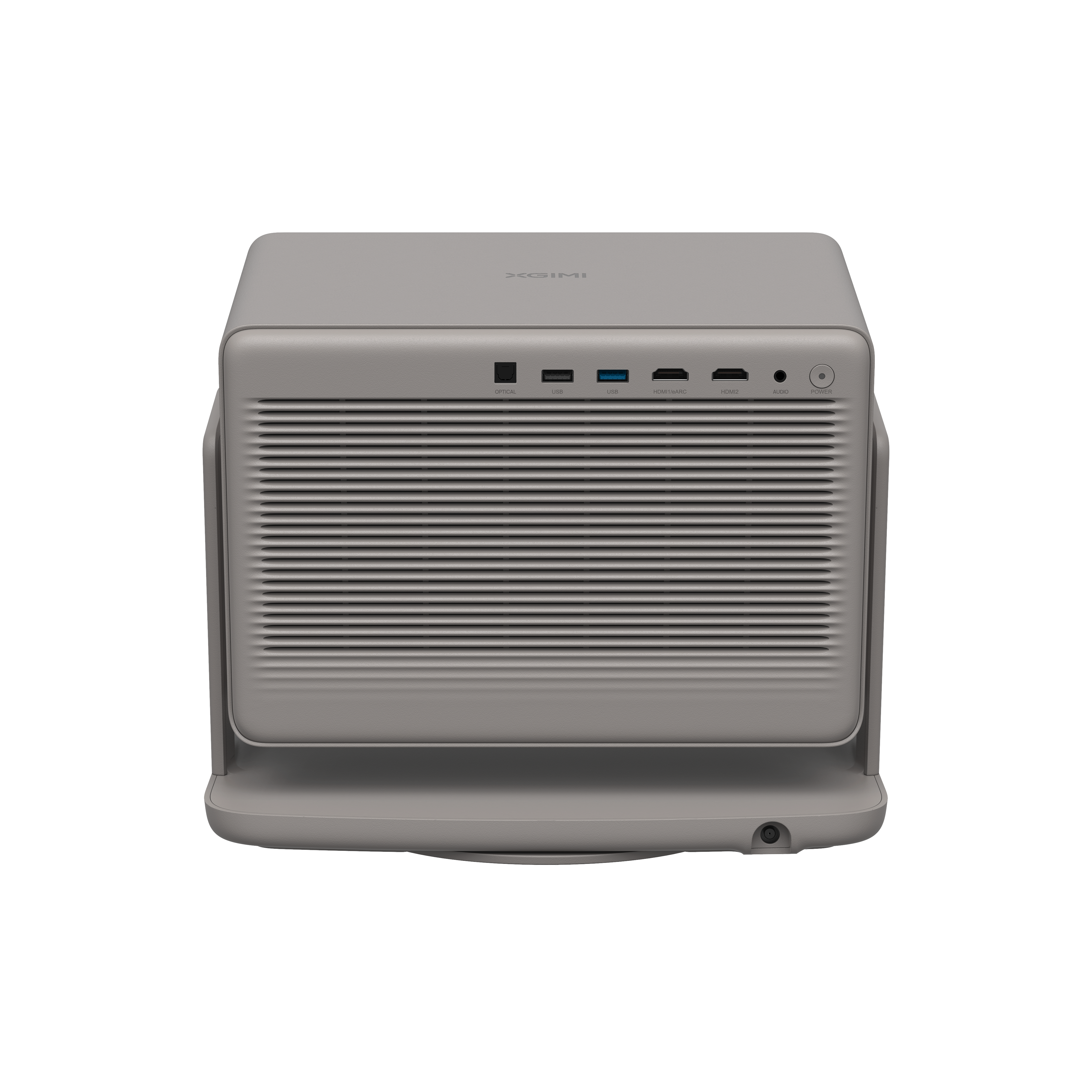 HORIZON 20 projector matte gray front view showing HDMI, USB ports, and vent grille.