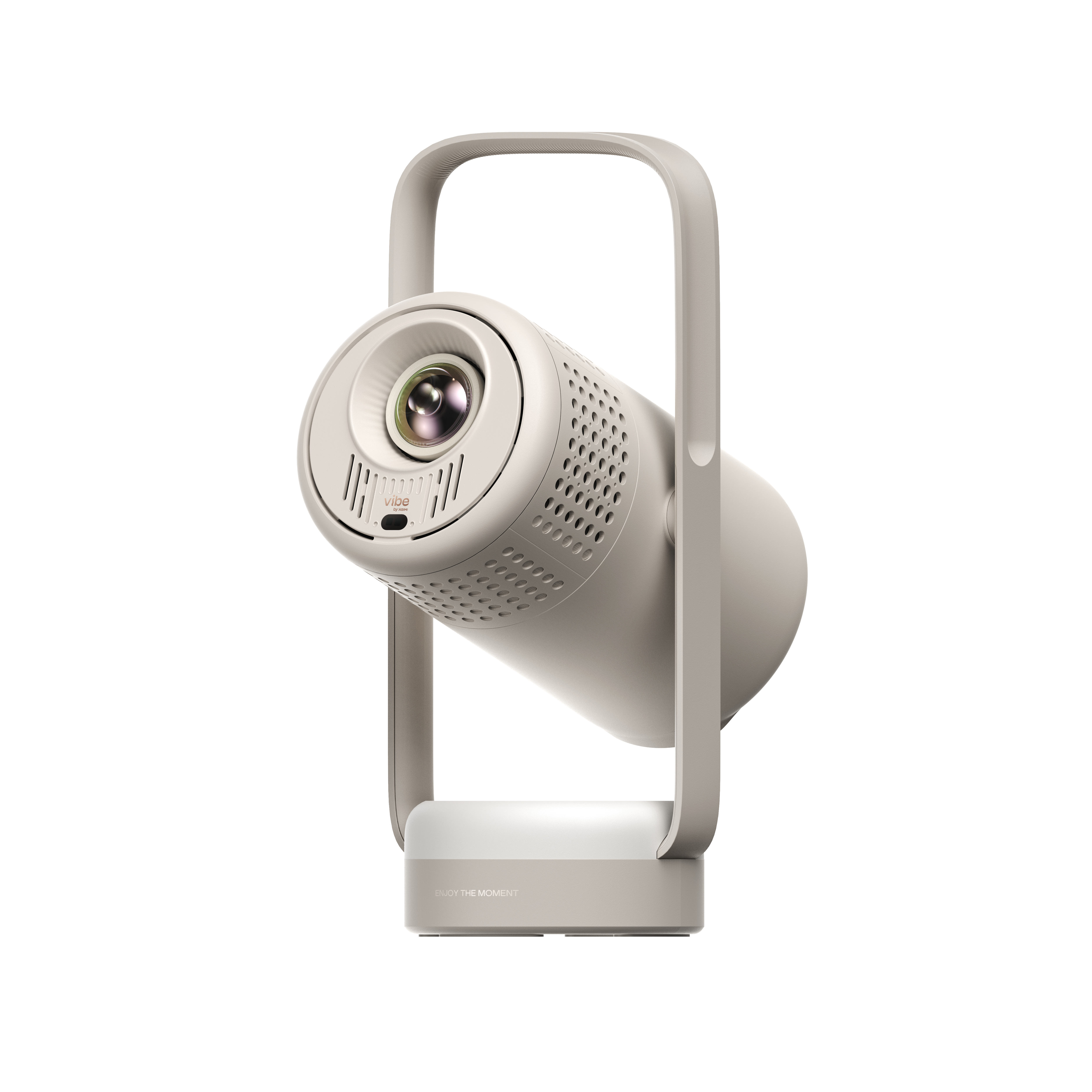 Light beige Vibe One battery powered portable projector, front view with lens, speaker grille, handle, and stand.