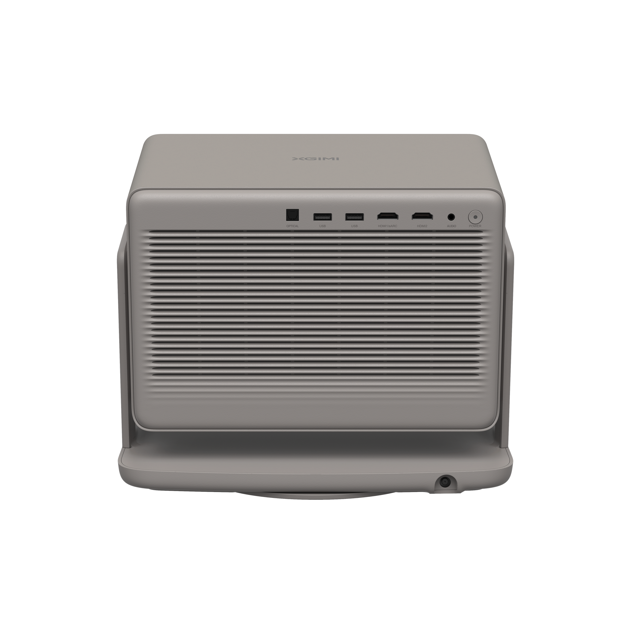 HORIZON 20 Max projector in Elephant Grey showing front speaker grille and rear ports including USB, HDMI, and power inputs.