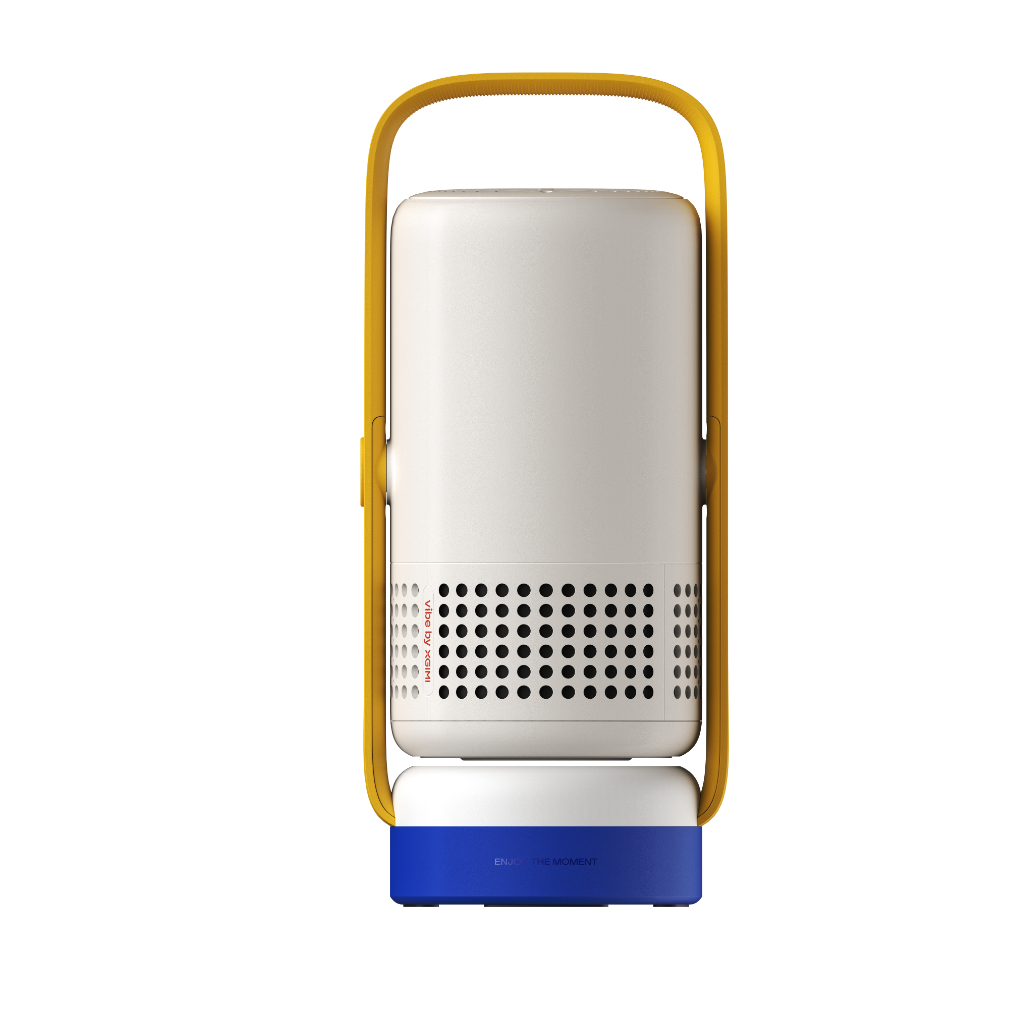 Vibe One portable projector in retro blue and yellow with white body, yellow handle, and blue base.
