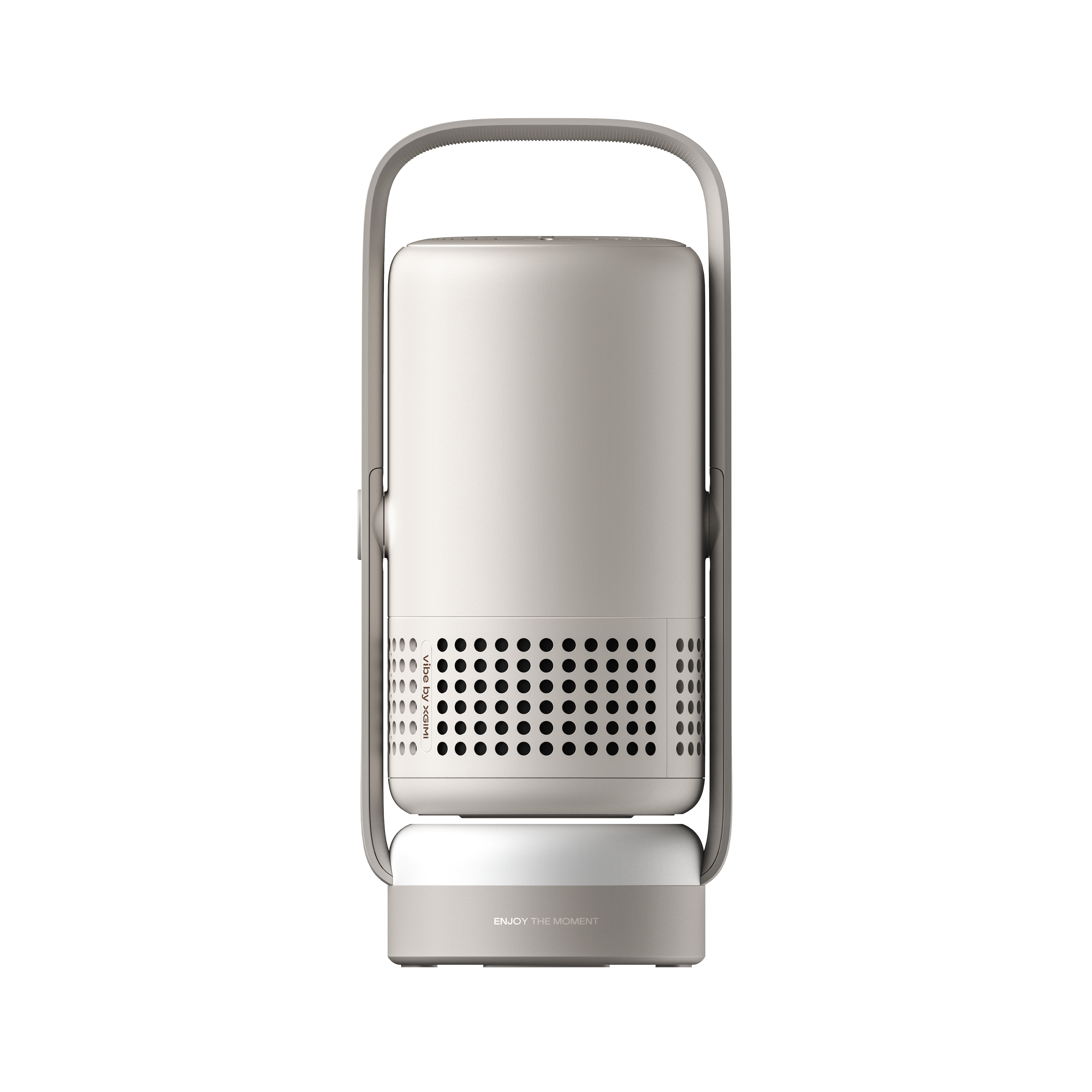 Light beige Vibe One portable projector front view with silver handle and textured speaker grille. Features a built-in stand.