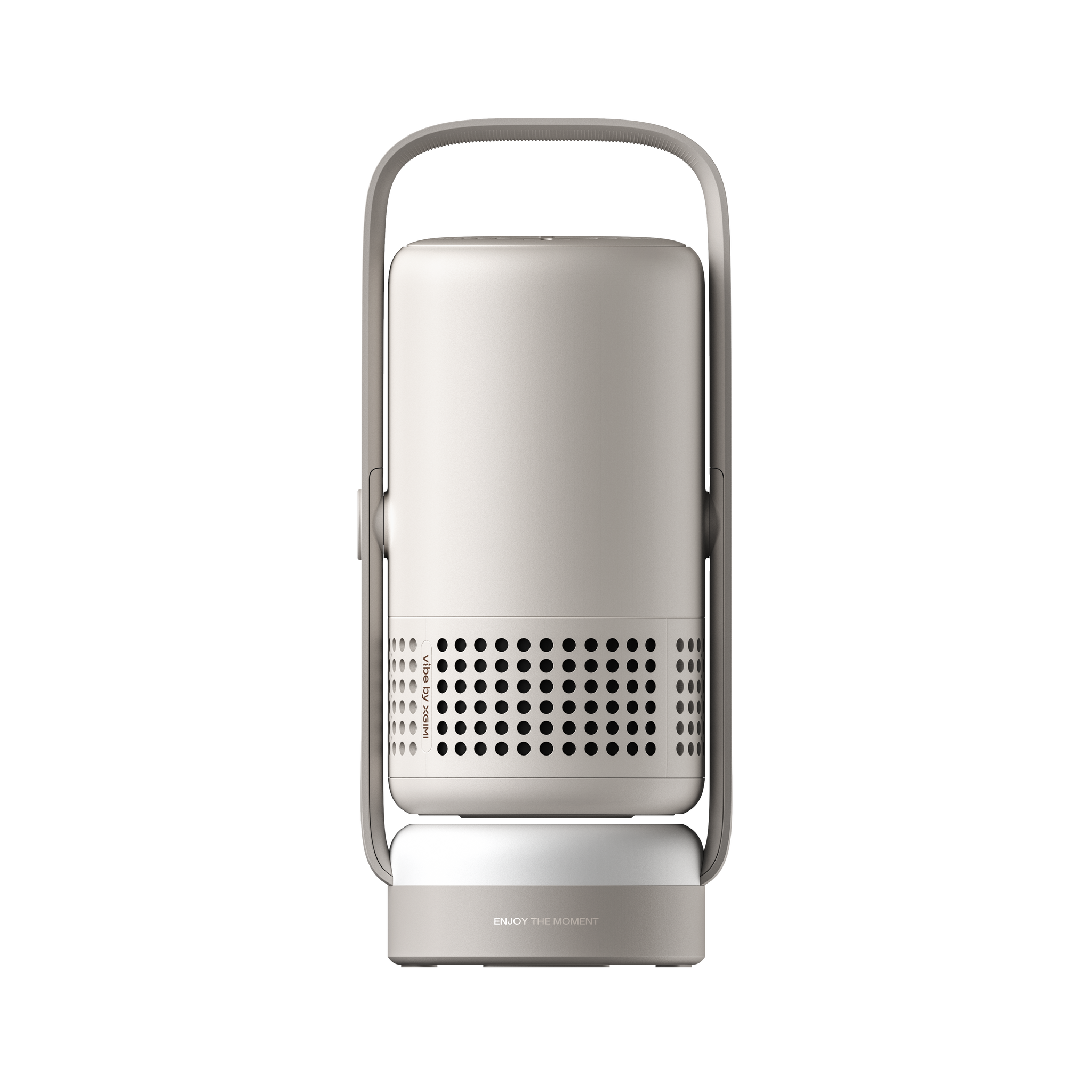Light beige Vibe One portable projector front view with silver handle and textured speaker grille. Features a built-in stand.
