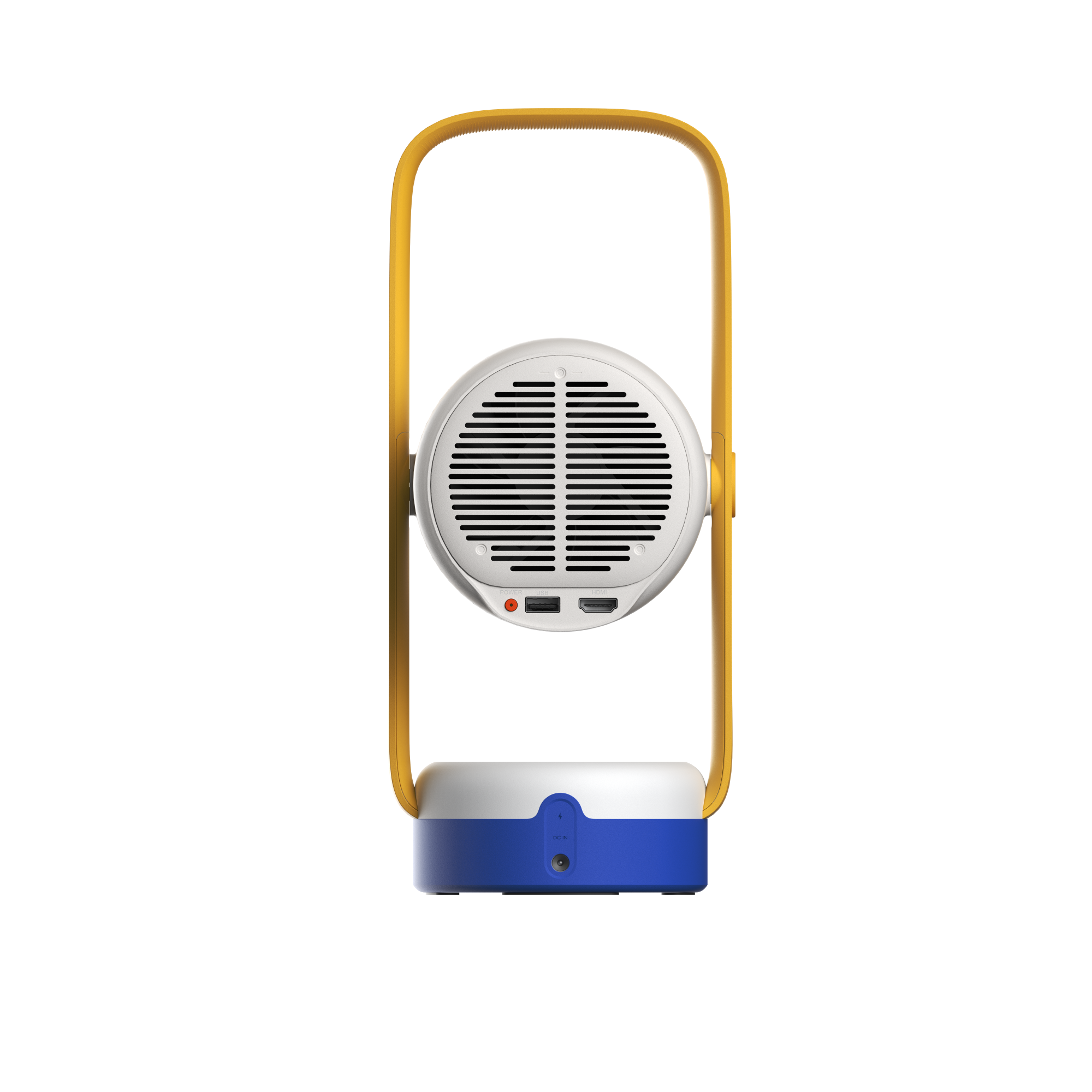 Retro blue and yellow Vibe One projector with white speaker grille and yellow handle.