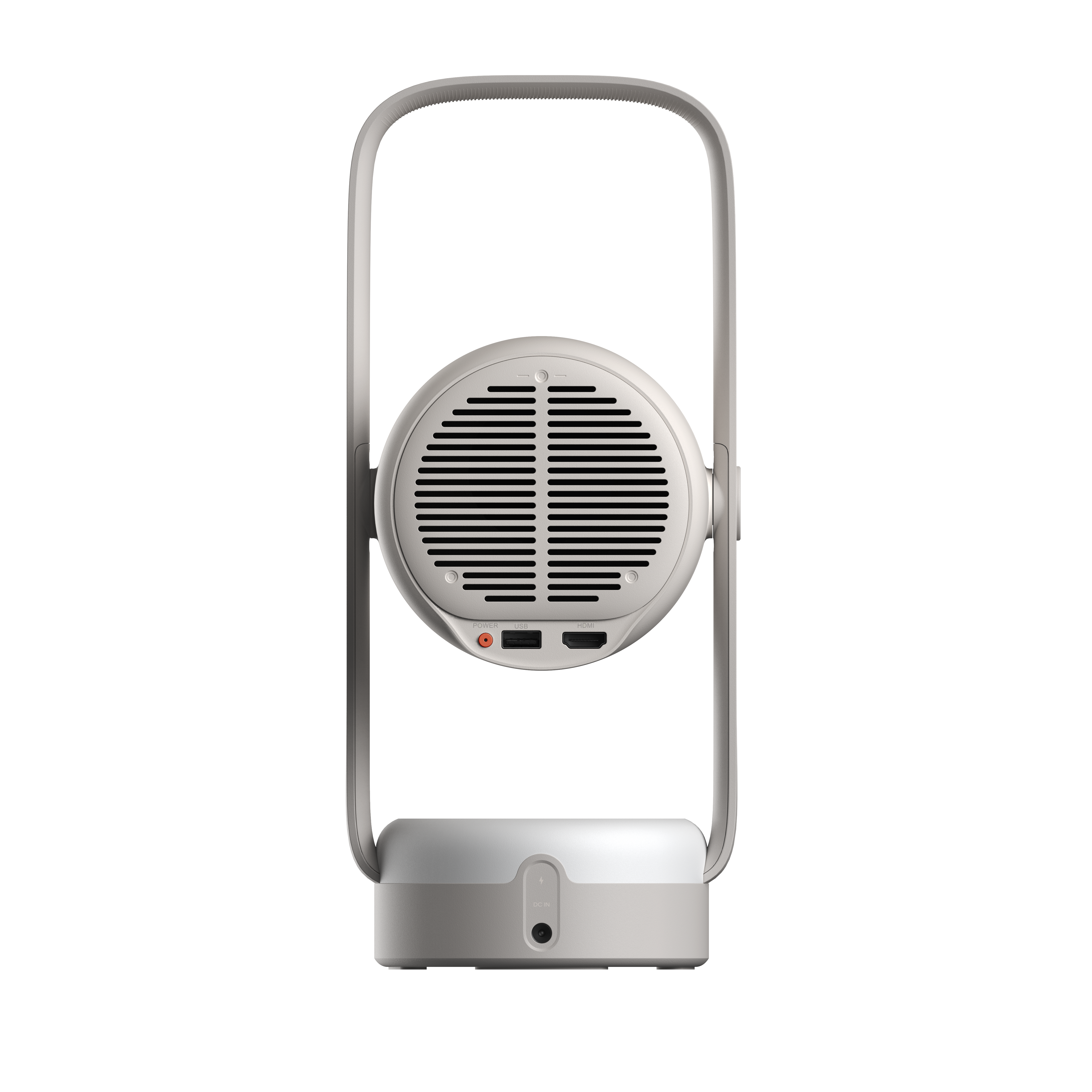 Vibe One portable projector rear view: light beige, textured speaker grille, silver handle, power, USB, HDMI ports.