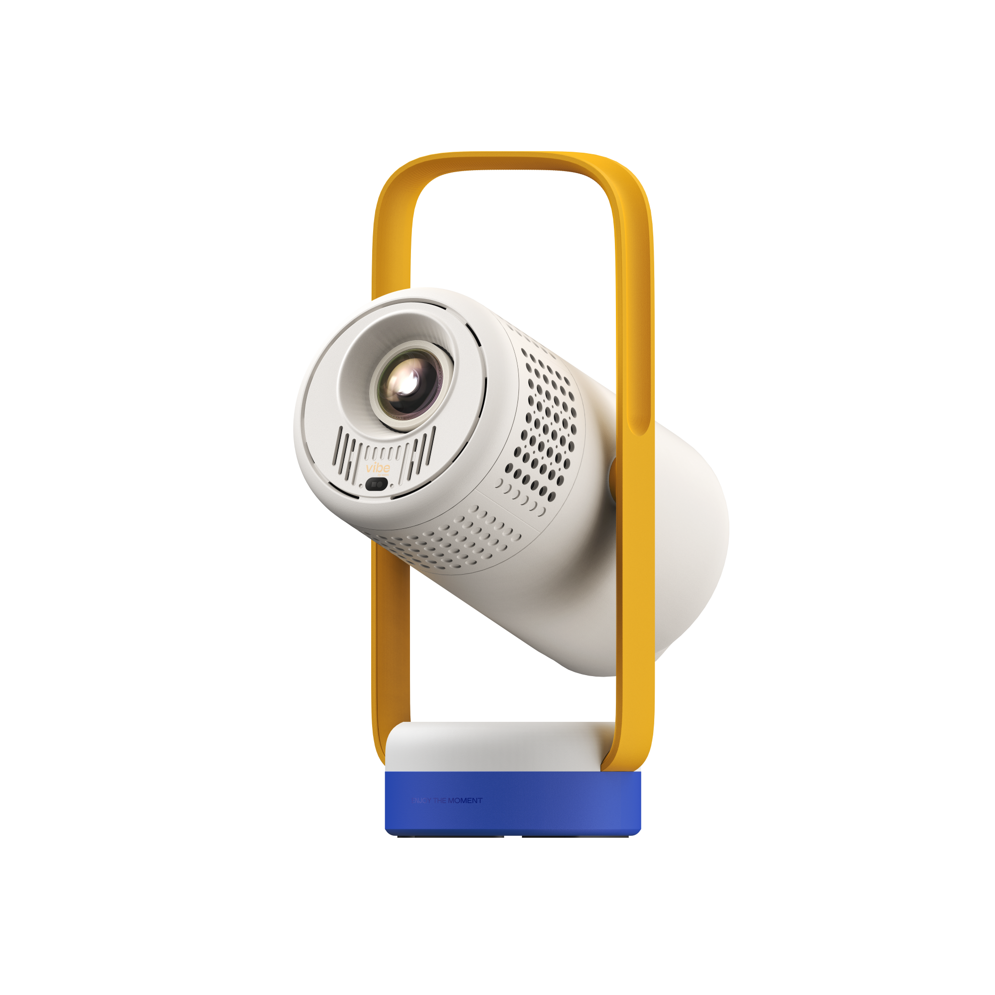 Retro blue and yellow portable Vibe One projector with white body, yellow handle, and blue base.