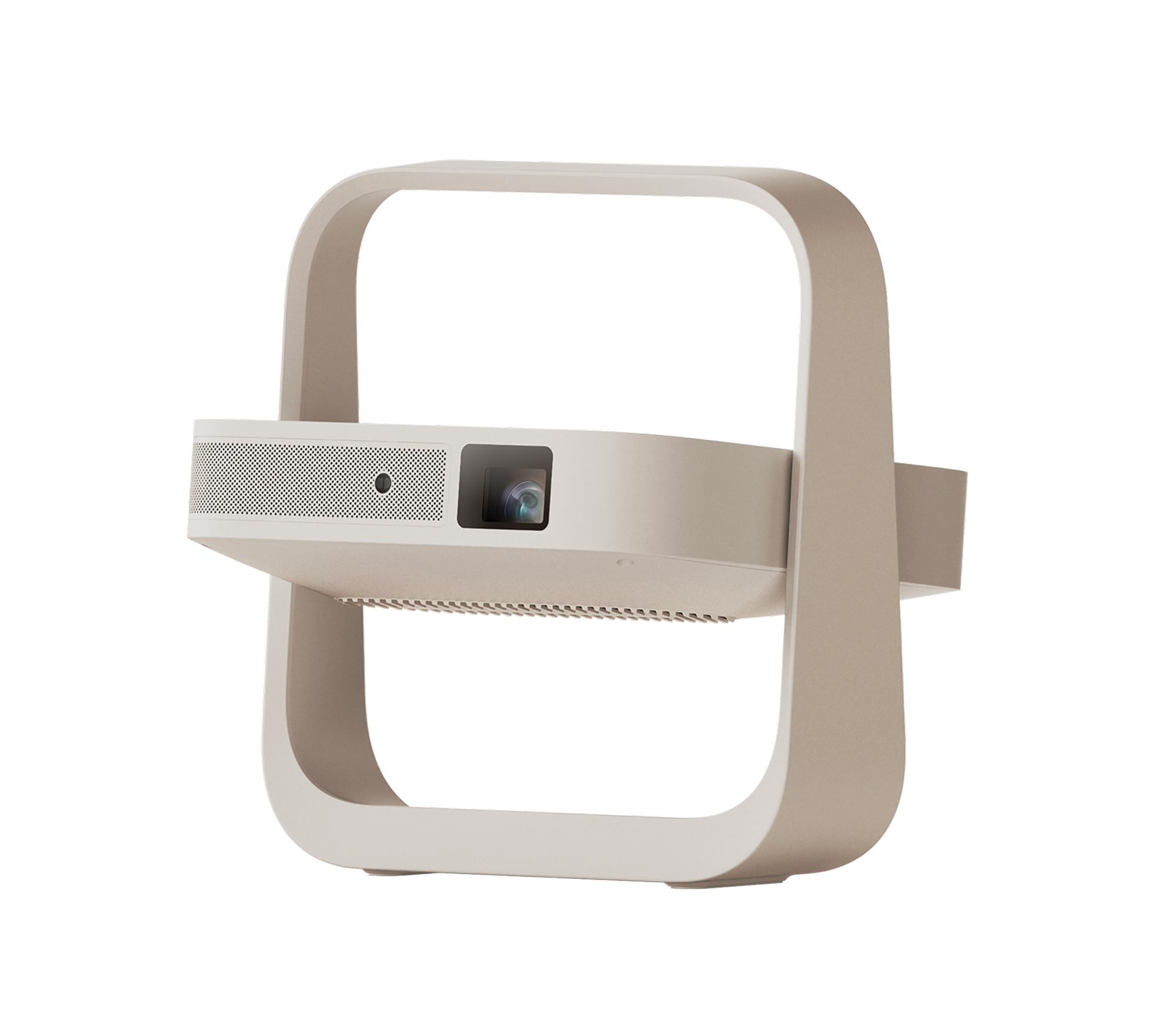 Beige Elfin Flip Plus projector in C-shaped stand, showcasing lens and speaker grill.