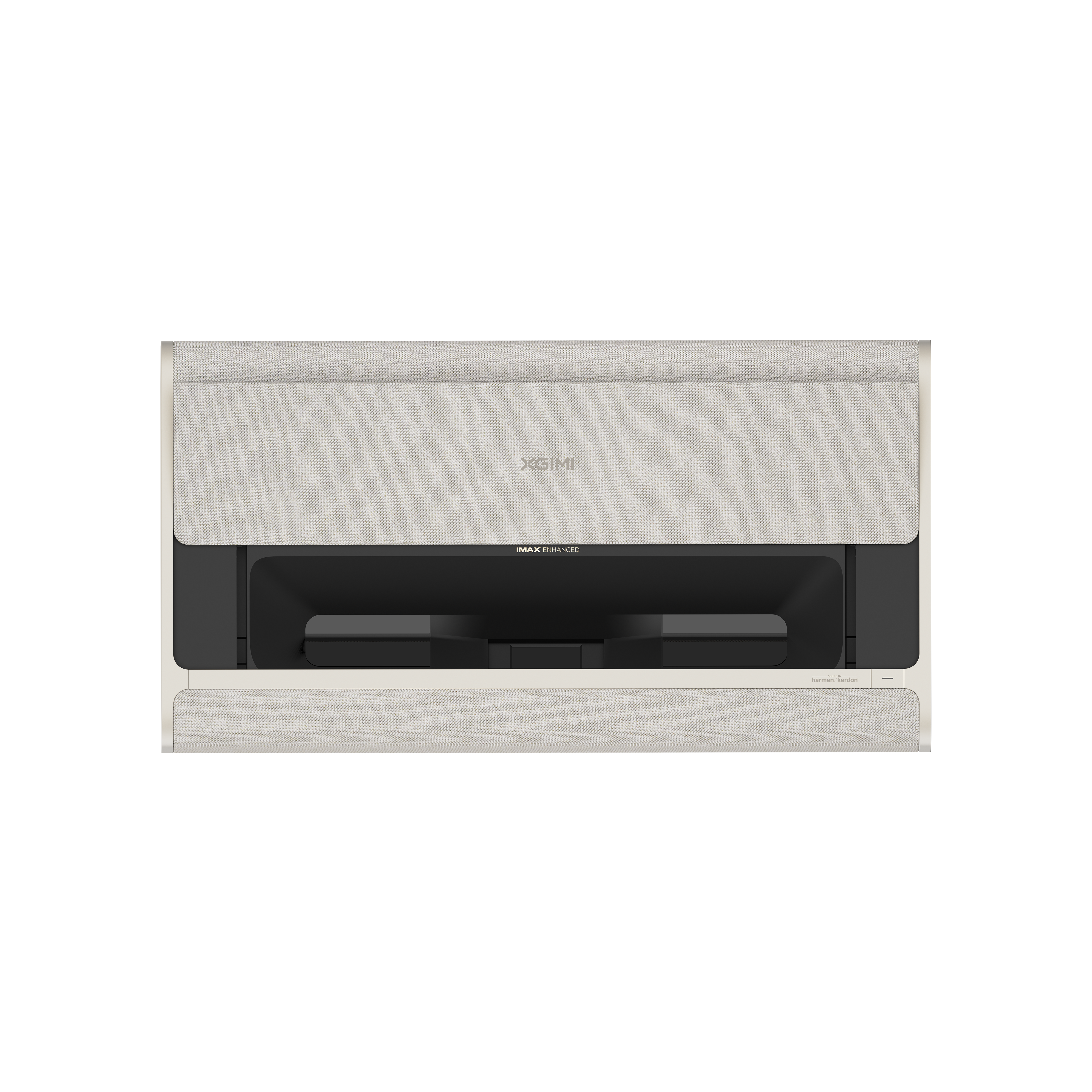 AURA 2 projector, top view, light beige fabric exterior, modern design with subtle XGIMI logo and IMAX Enhanced branding.