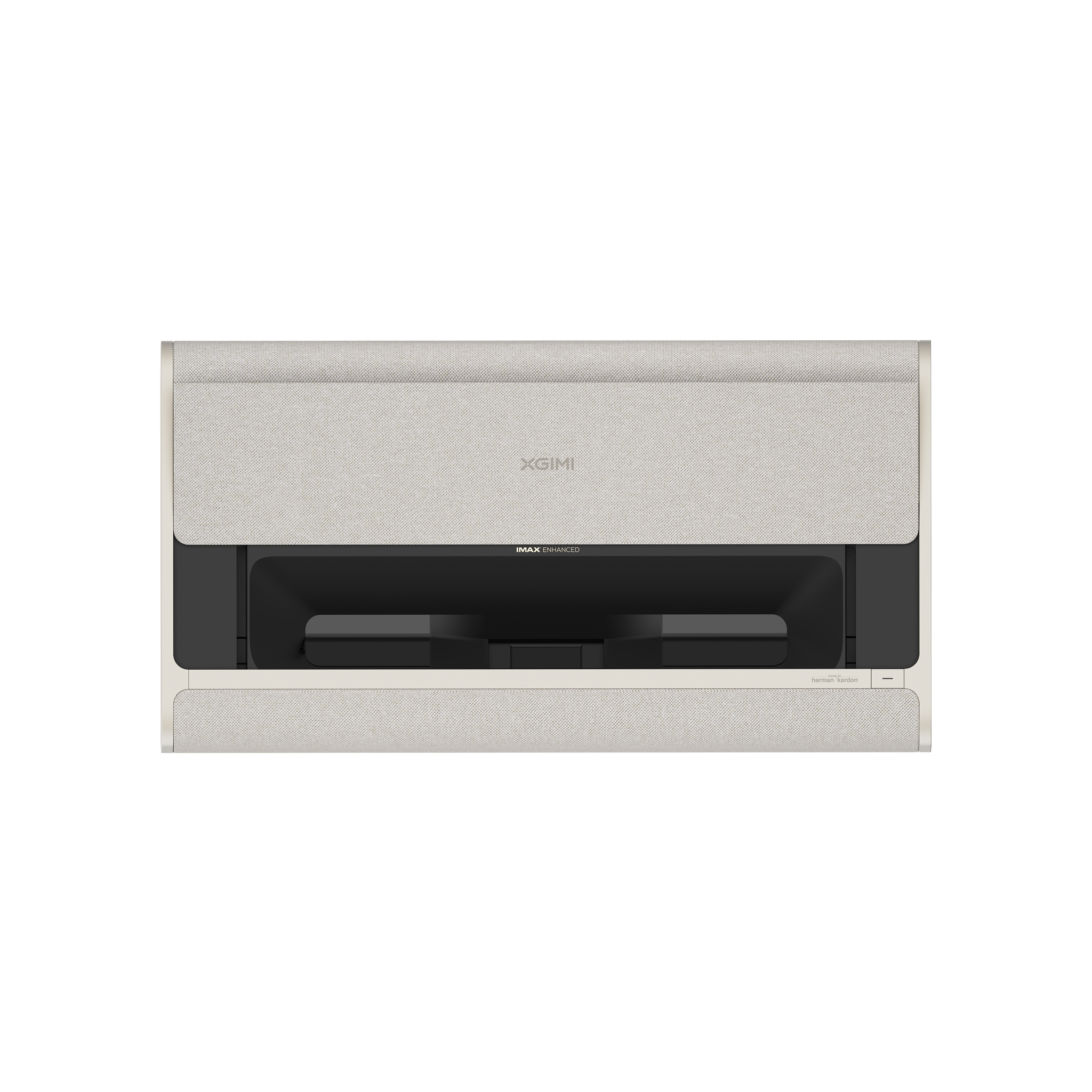 AURA 2 projector, top view, light beige fabric exterior, modern design with subtle XGIMI logo and IMAX Enhanced branding.
