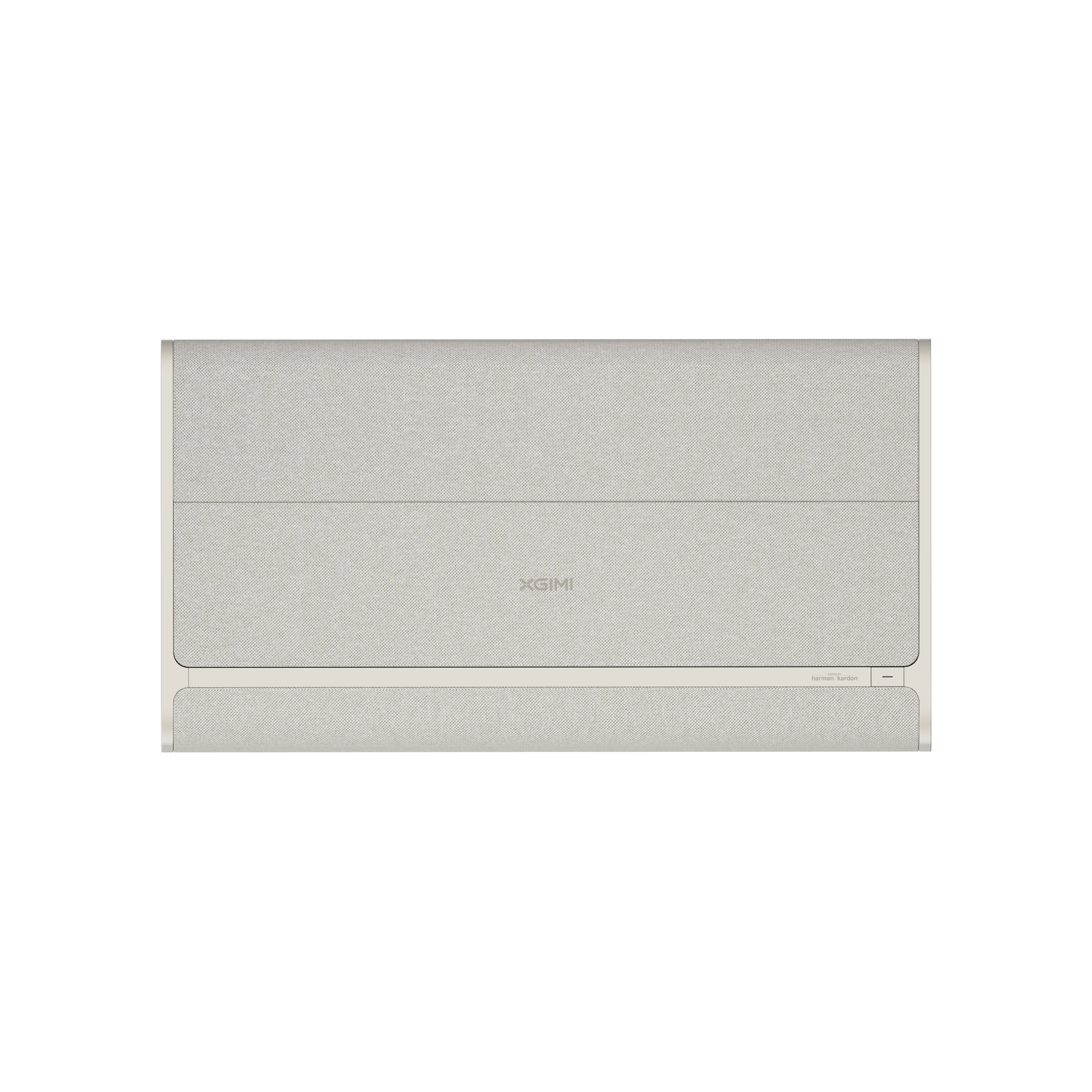 XGIMI AURA 2 projector, light beige fabric, minimalist design, XGIMI logo, harman/kardon branding.