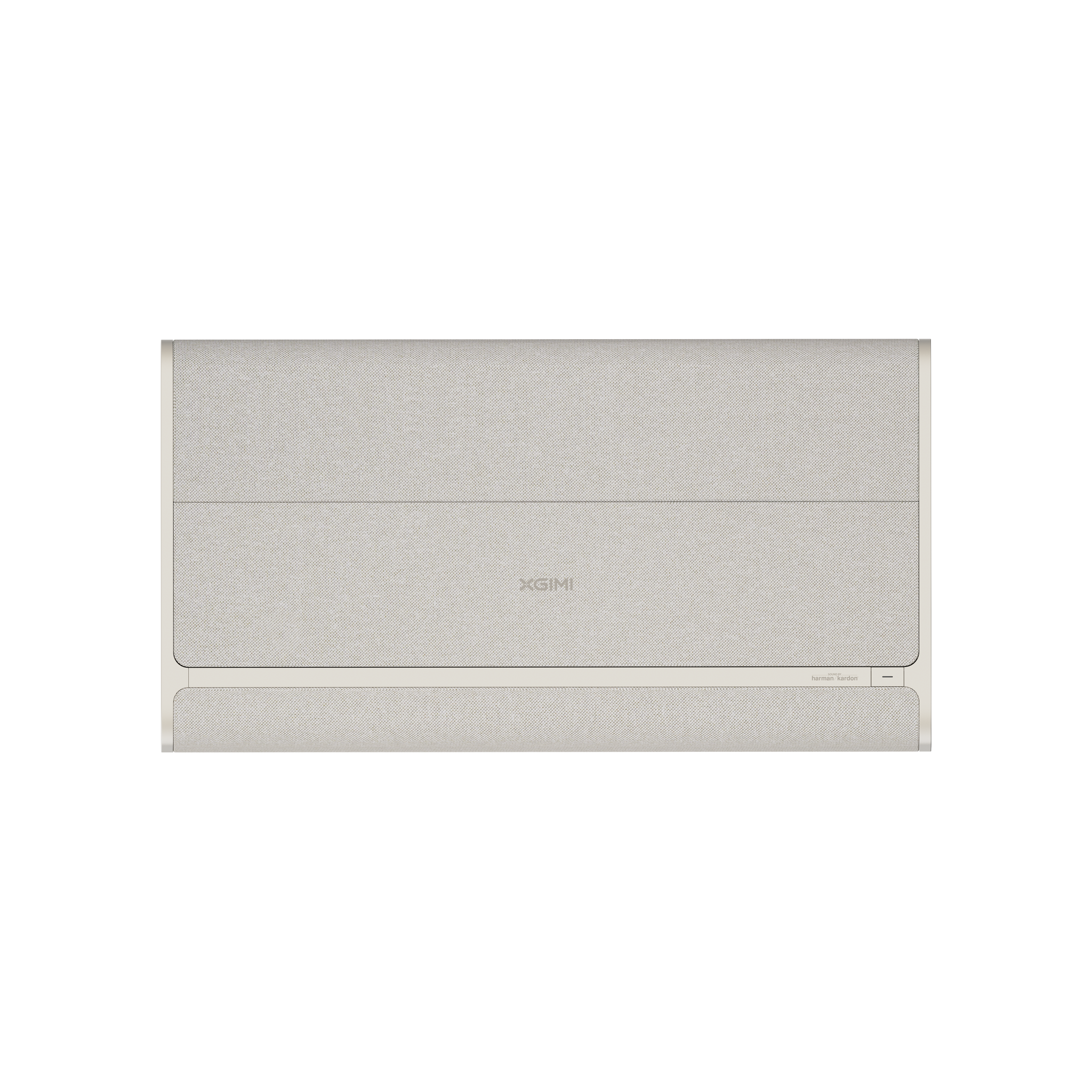XGIMI AURA 2 projector, light beige fabric, minimalist design, XGIMI logo, harman/kardon branding.