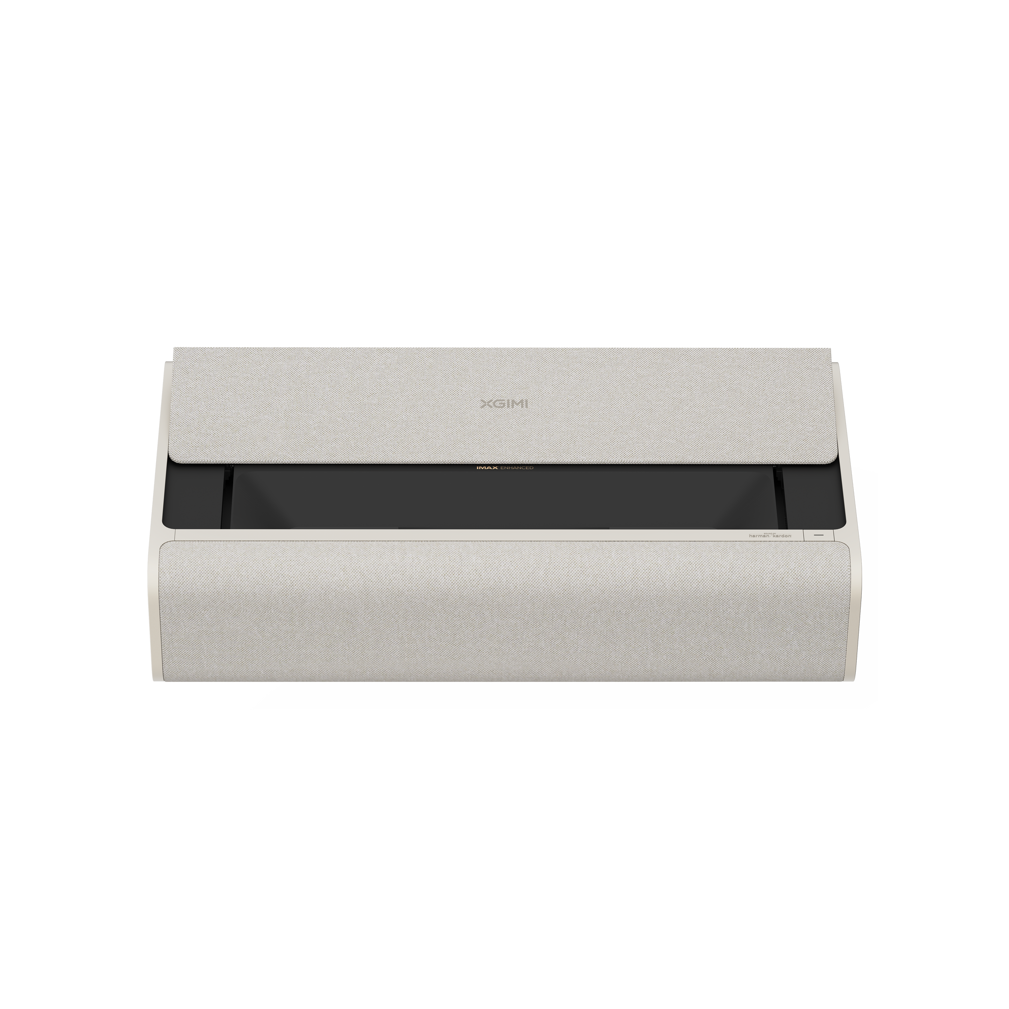 XGIMI AURA 2 projector in light beige fabric with minimalist design and black lens area, displayed for product appearance.