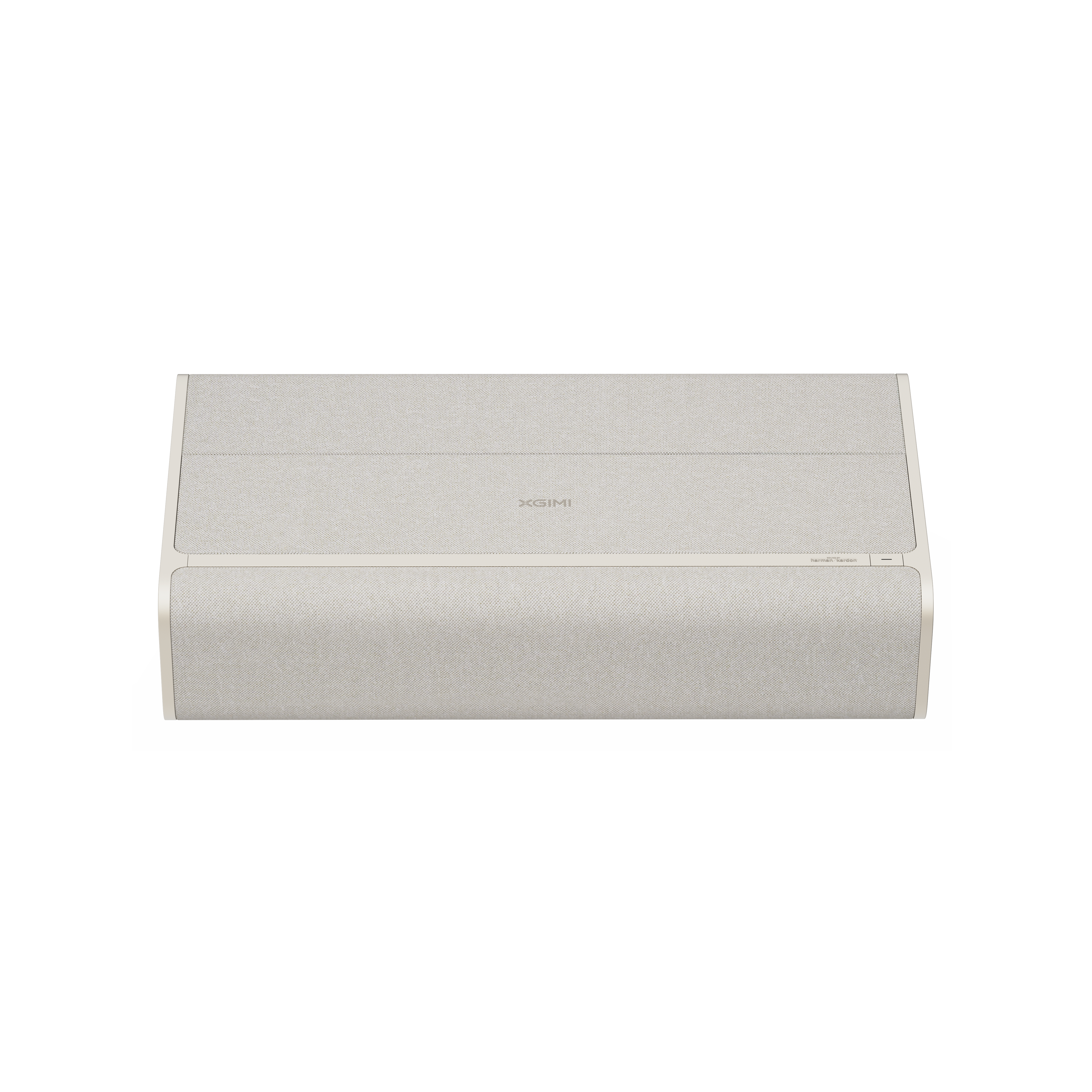 XGIMI AURA 2 projector, light beige fabric, minimalist design, black lens, IMAX Enhanced, Dolby Vision.