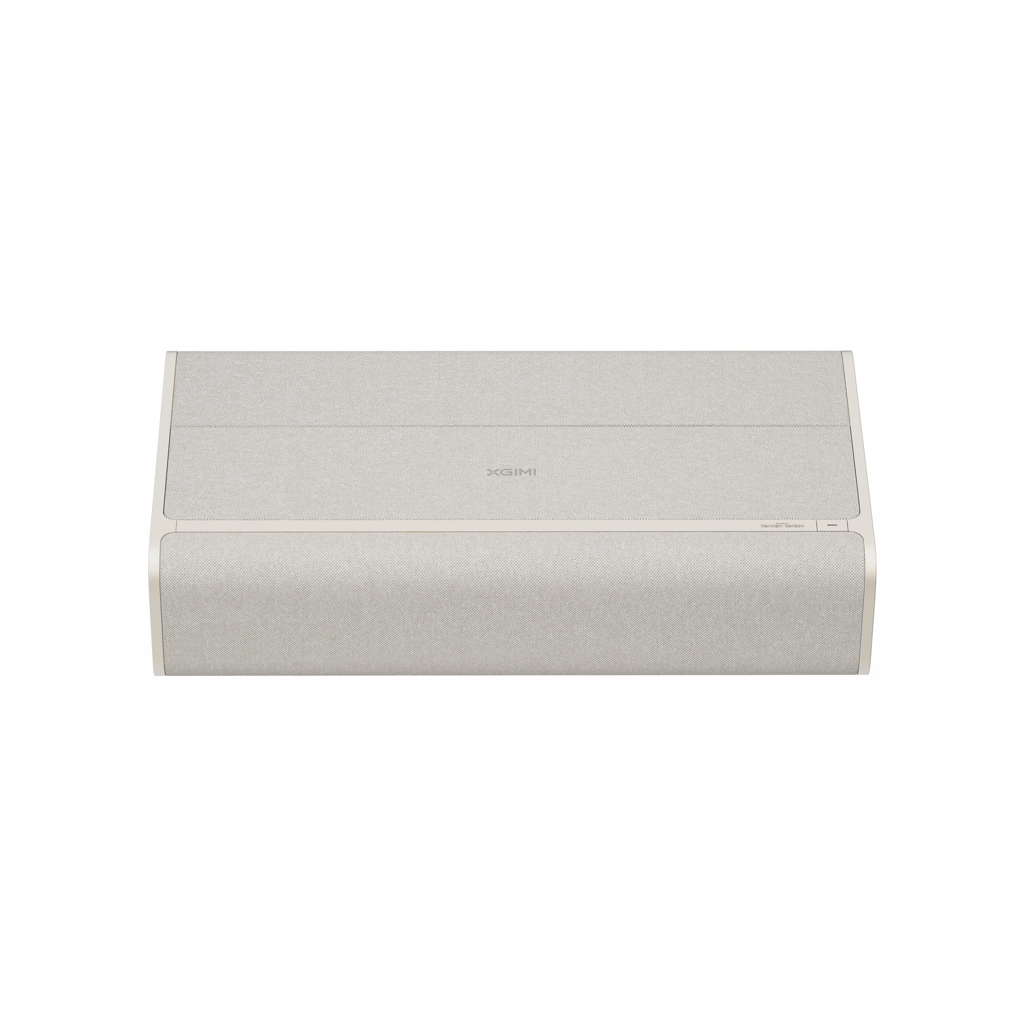 XGIMI AURA 2 projector, light beige fabric, minimalist design, black lens, IMAX Enhanced, Dolby Vision.