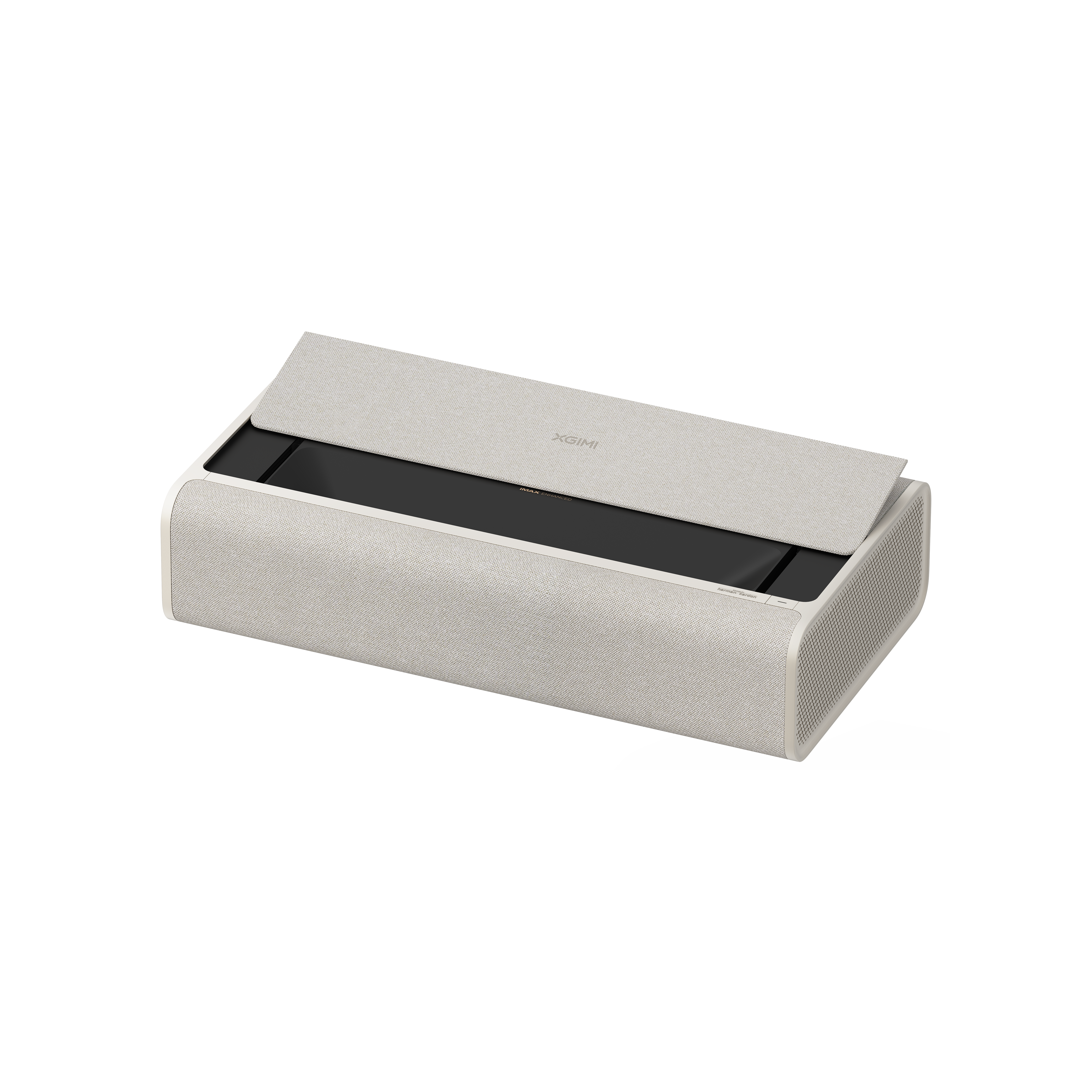 XGIMI AURA 2 home projector in beige fabric, modern design, with XGIMI and IMAX Enhanced logos.