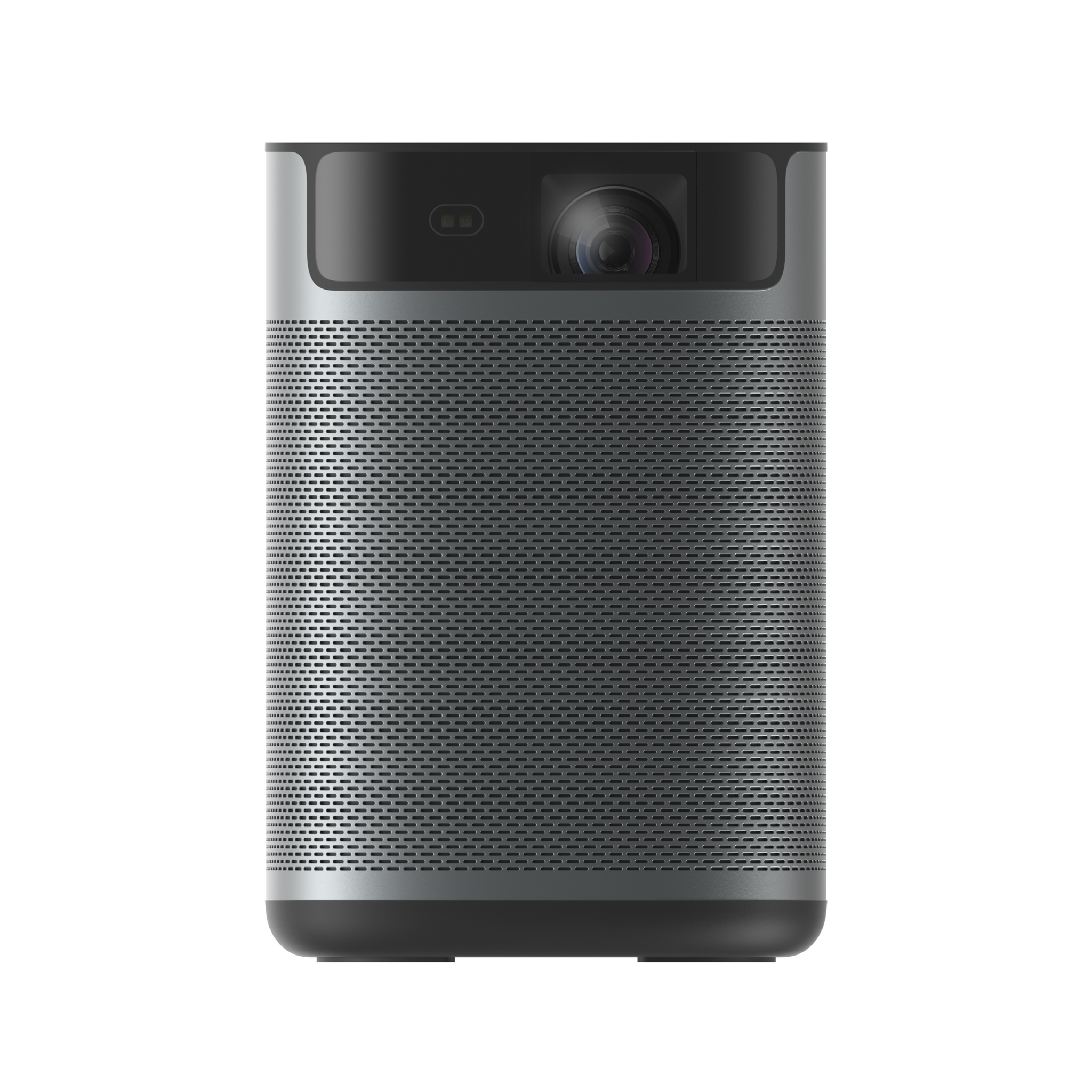 MoGo 2 Pro portable projector in dark gray with silver accents, featuring a front lens and sensors on a black base.
