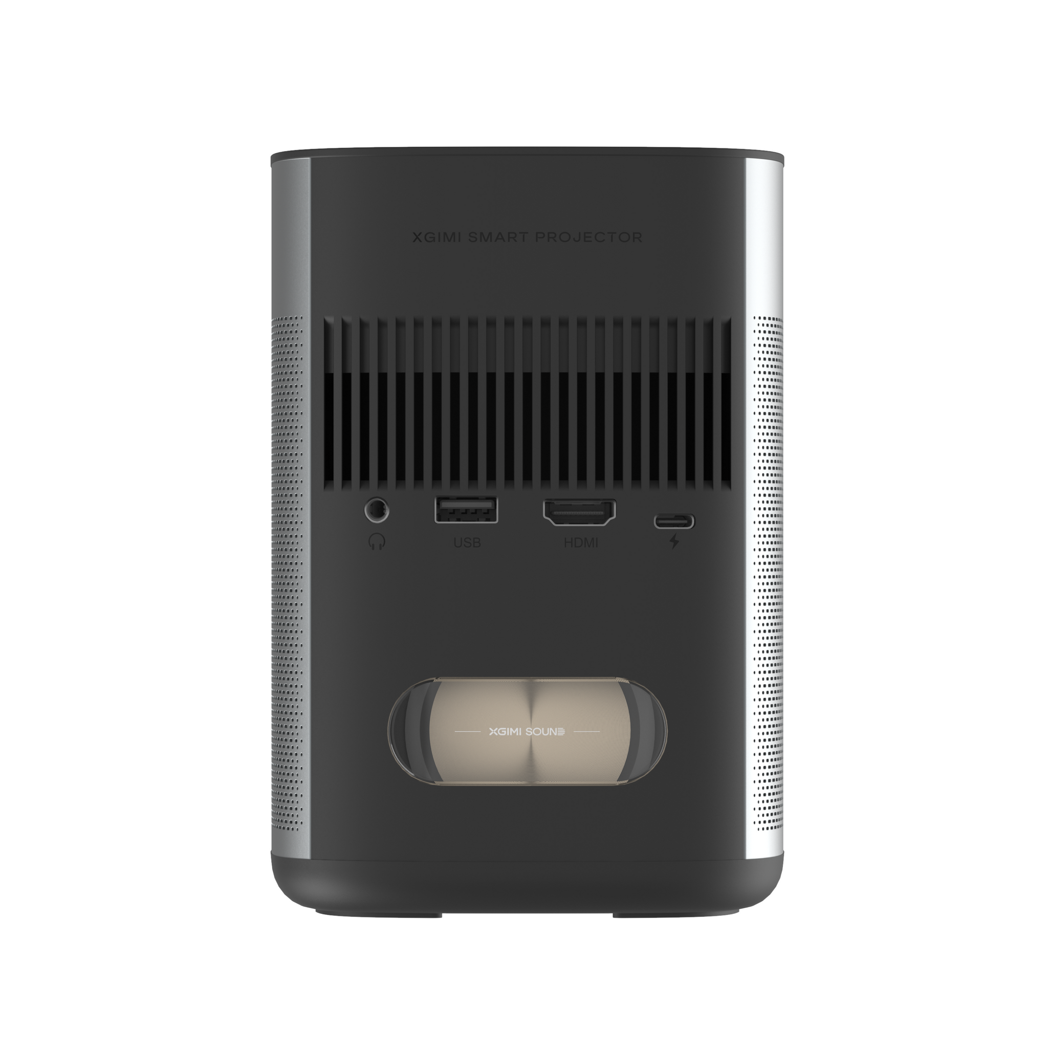 XGIMI MoGo 2 Pro portable projector rear view, showing ports: headphone, USB, HDMI, and XGIMI SOUND speaker.