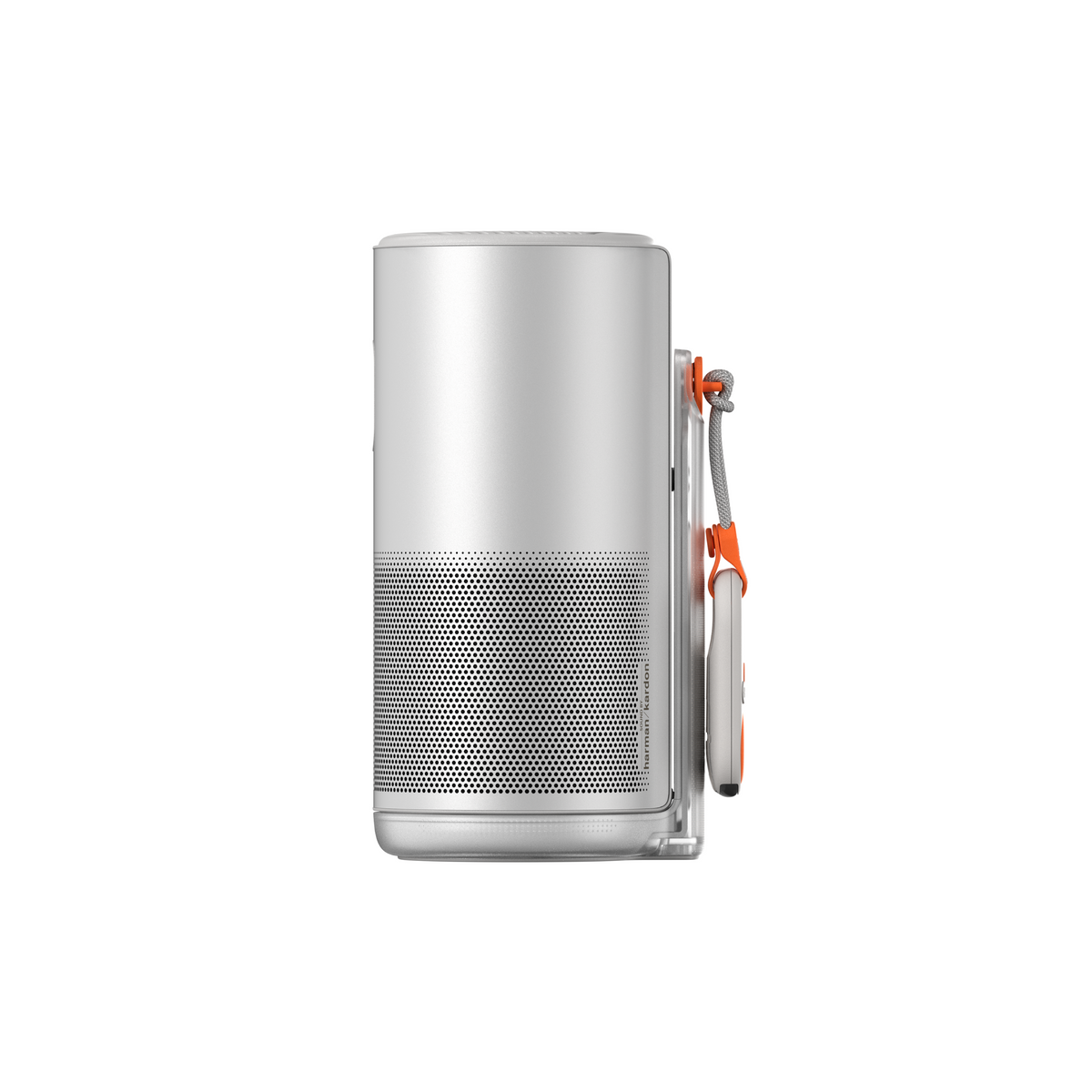 White and silver MoGo 4 Laser projector, side view, with Harman Kardon speaker grille and orange strap on integrated stand.