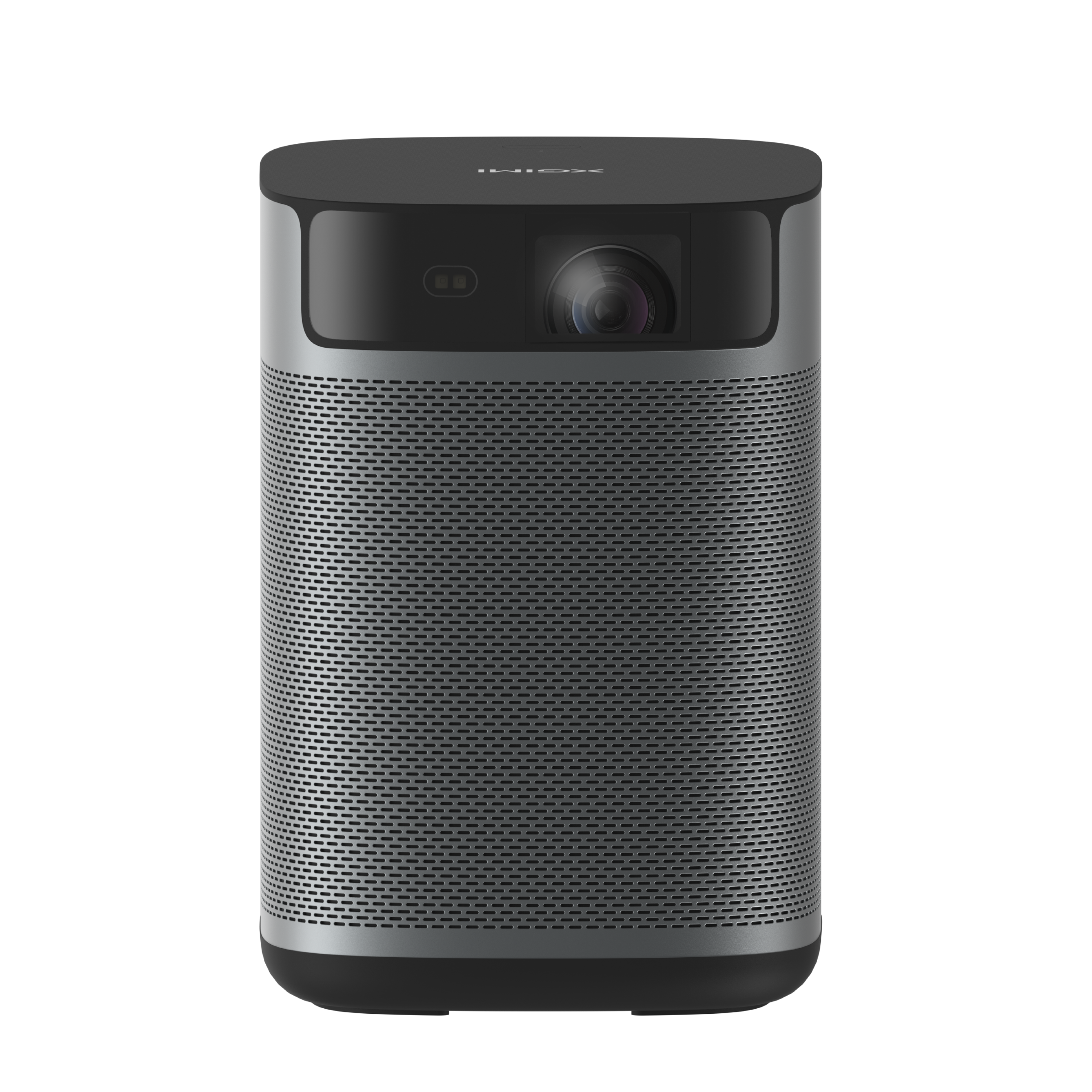 MoGo 2 Pro portable projector in dark gray with silver top featuring lens and sensors, on black base.