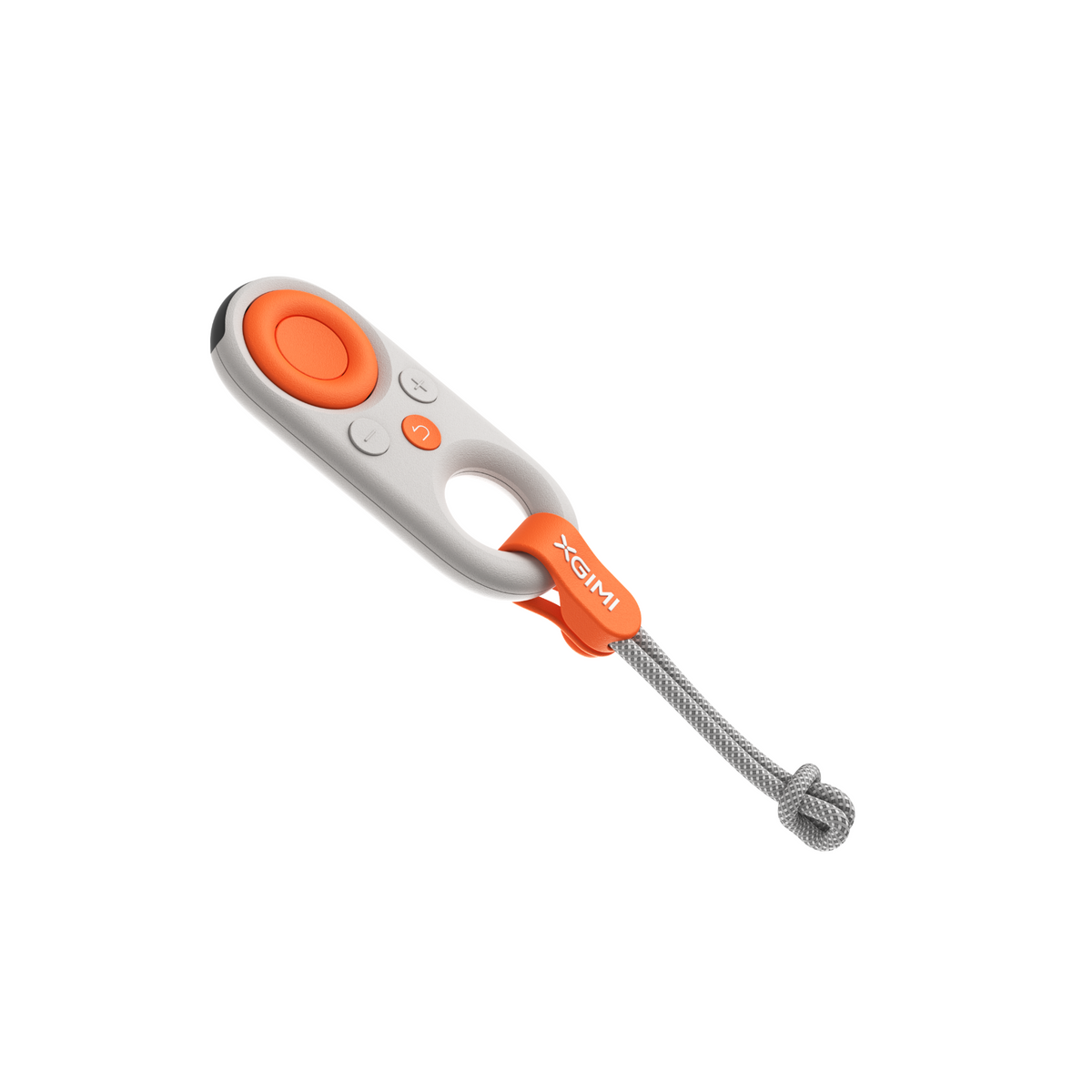 White and gray MoGo 4 Laser remote with orange buttons and XGIMI logo loop, gray lanyard on product page.