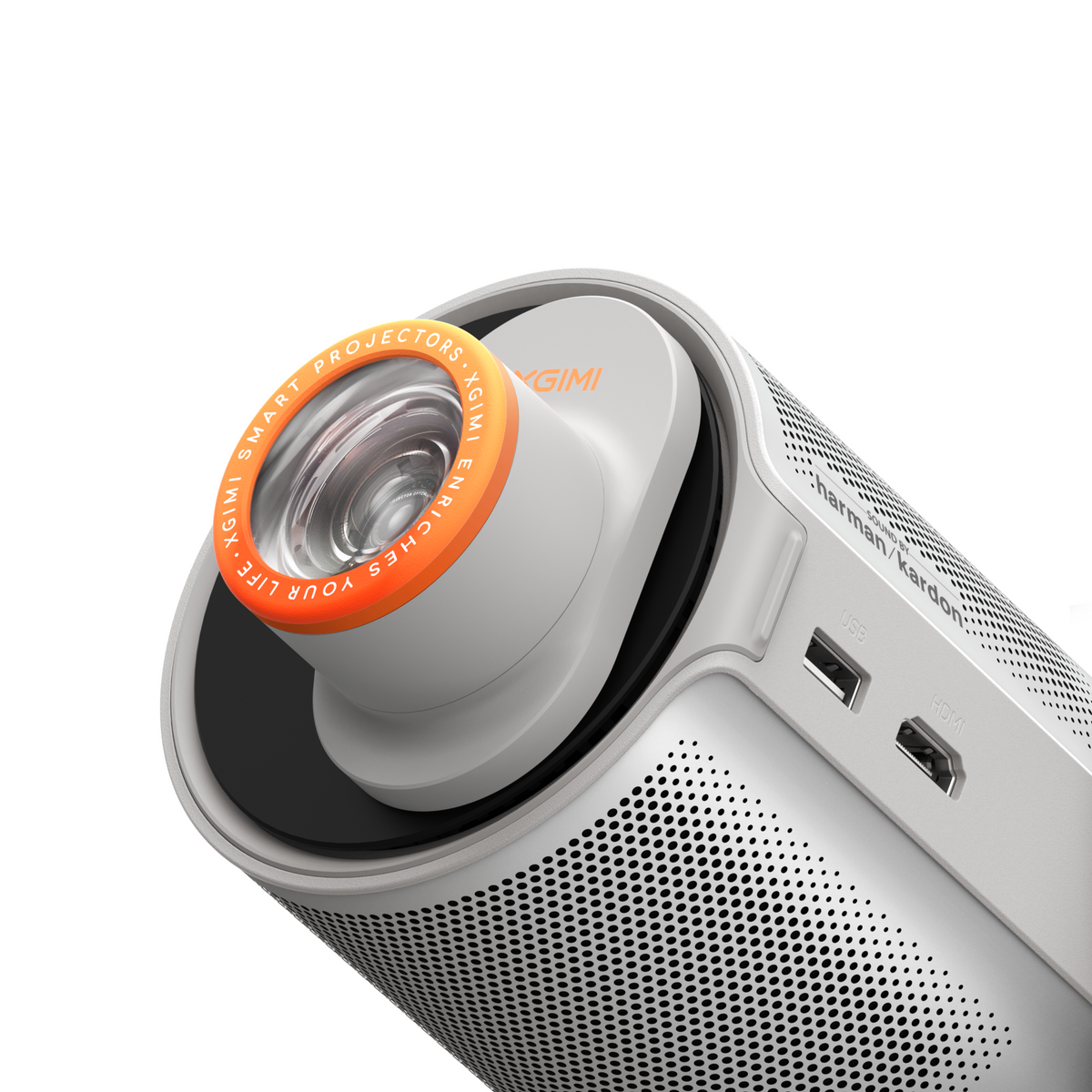 XGIMI MoGo 4 Laser projector, white and gray, with orange lens ring and Harman Kardon speaker grille on product page.
