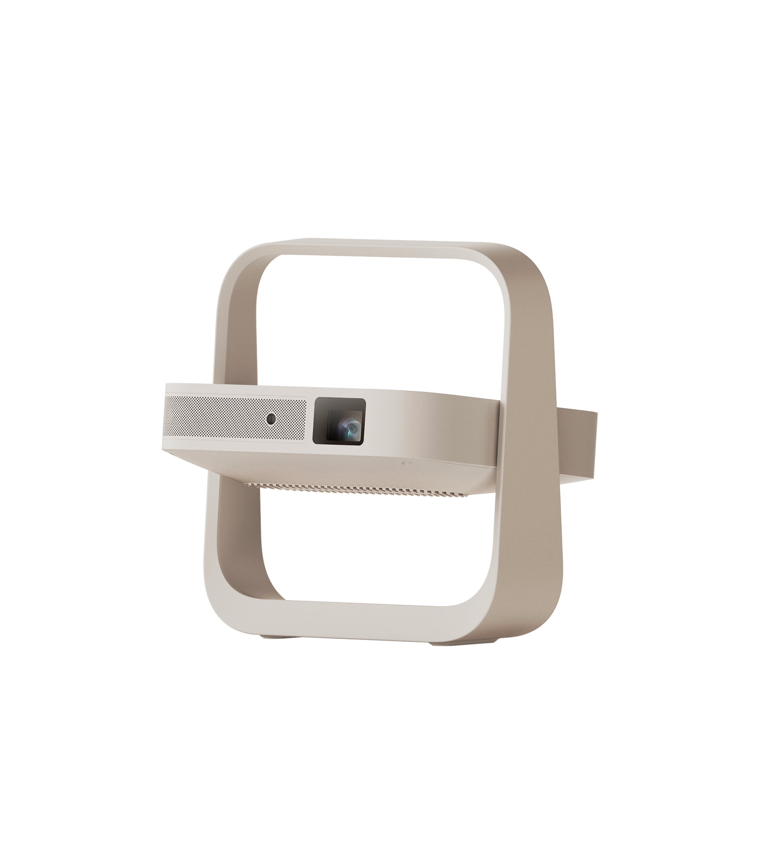 Beige Elfin Flip Plus projector with C-shaped stand, showcasing lens and speaker grill, product appearance.