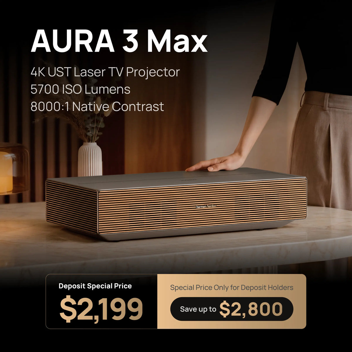 AURA 3 Max 4K UST Laser TV Projector with 5700 ISO Lumens and 8000:1 Native Contrast; Super early bird price $2,199