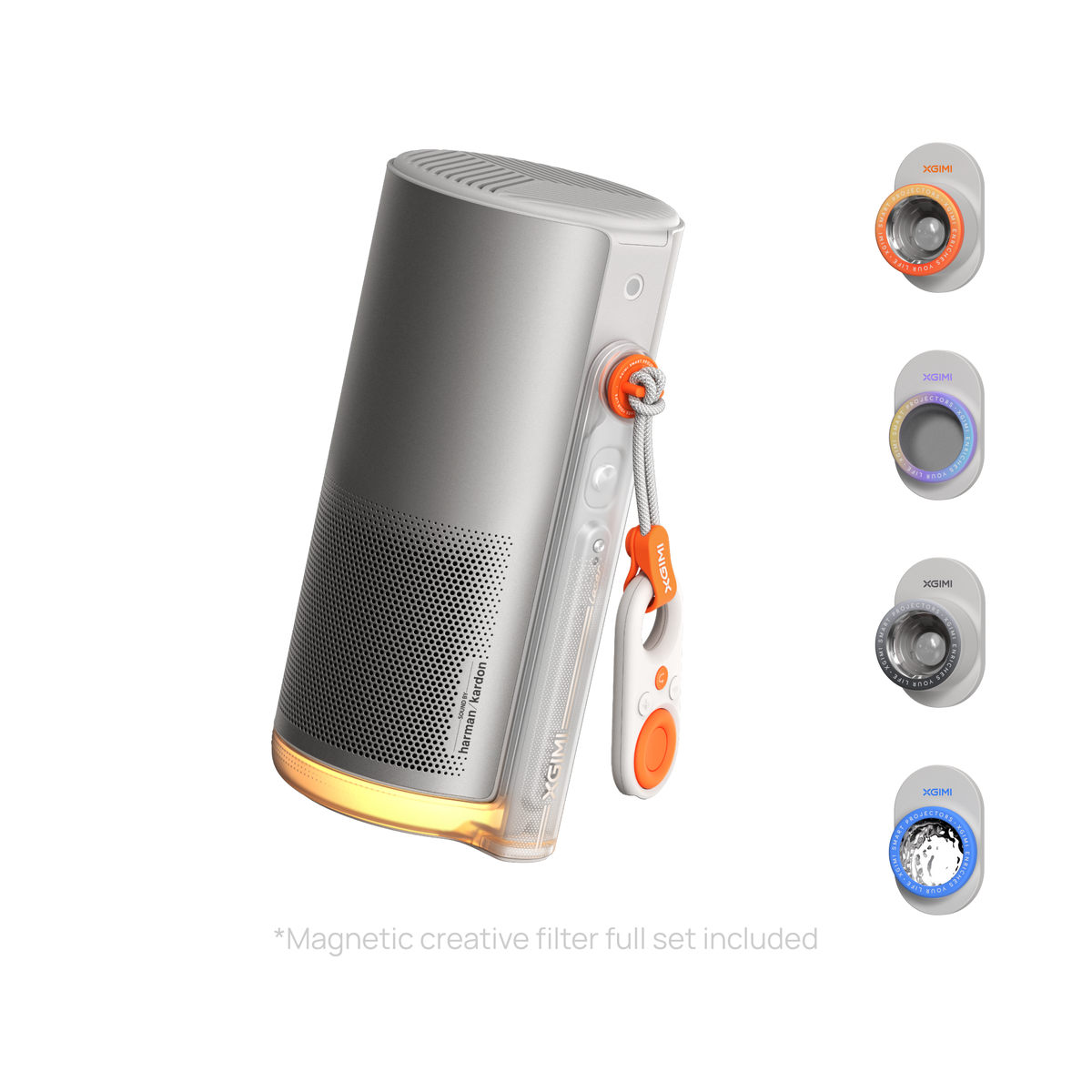 XGIMI MoGo 4 Laser portable projector, white/gray, with Harman Kardon speaker, orange remote, and 4 magnetic filters.