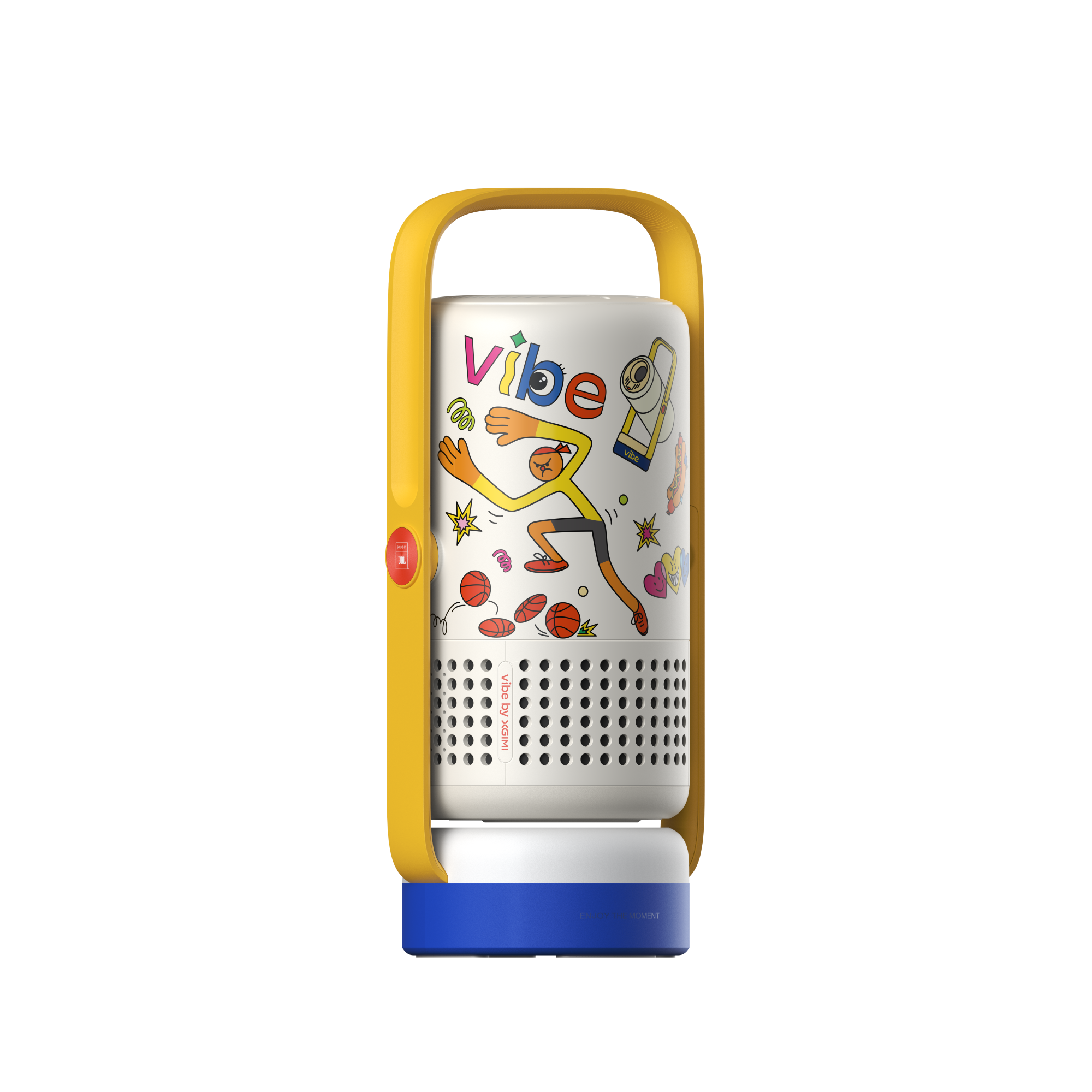 Vibe One portable projector, white with custom graphics, yellow handle, blue base, and textured speaker grille.