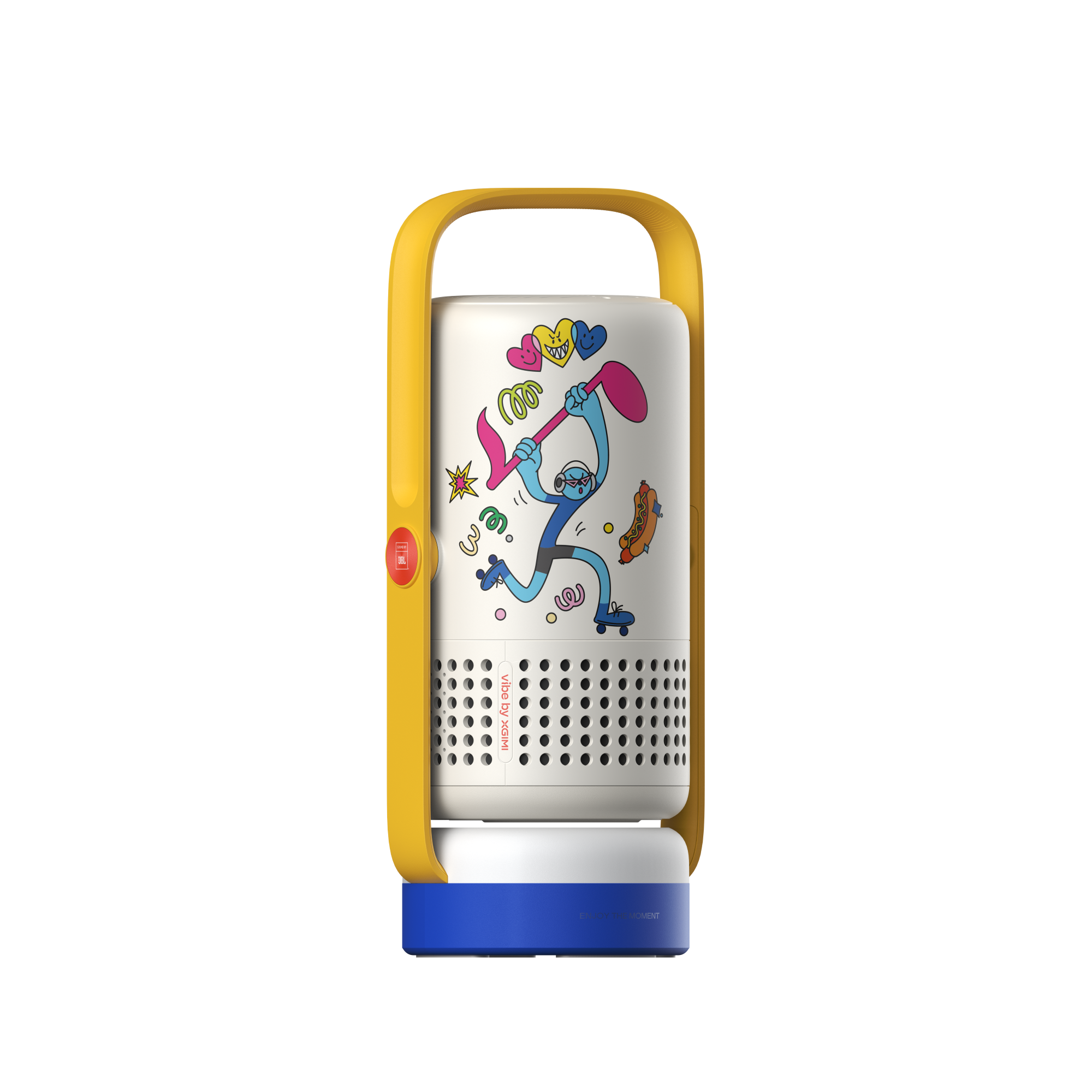 White Vibe One portable projector with playful roller skater graphic, yellow handle, and blue base, showcasing customization.