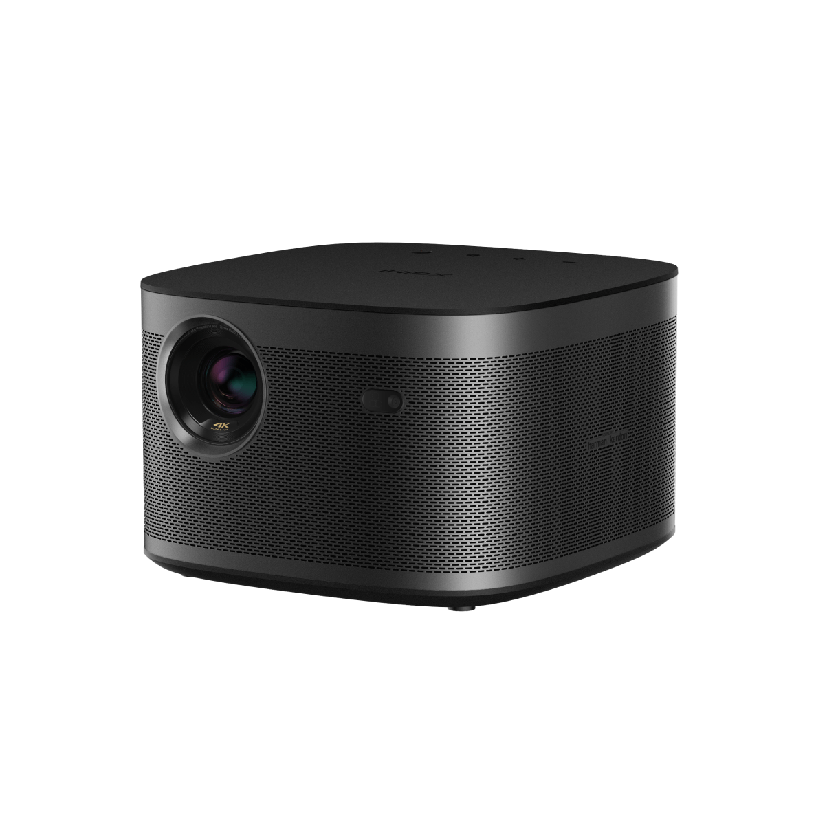 XGIMI HORIZON Pro 4K projector with circular lens and textured grille on white background, product appearance.