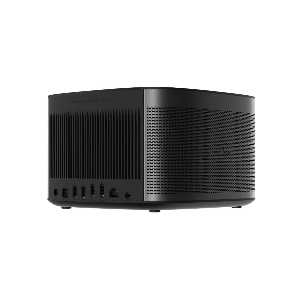 XGIMI HORIZON Pro 4K projector rear view showing HDMI and USB ports with Harman Kardon speaker grille.