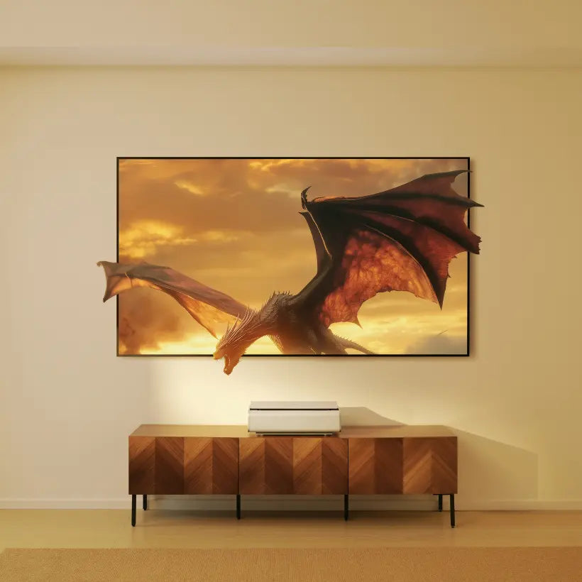 A home theater setup featuring an ultra-short throw projector displaying a dragon on a wall-mounted screen.