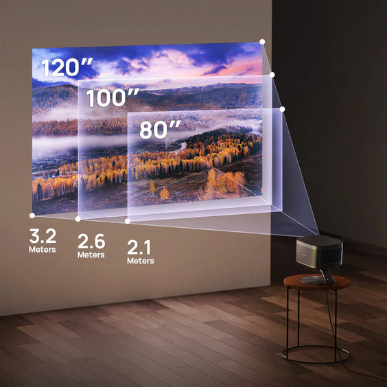XGIMI projector displays three nested screen sizes (120", 100", 80") and throw distances on a wall