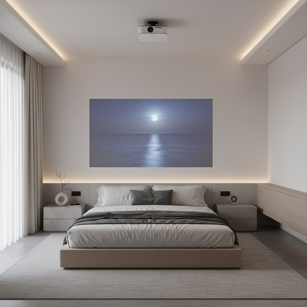 A modern minimalist bedroom with a ceiling-mounted projector casting a large movie image onto the wall.