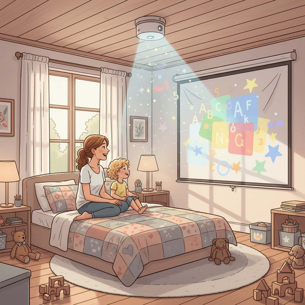 A child-friendly kids' room with a projector casting colorful educational shapes on the wall while a parent and child sit together safely nearby.