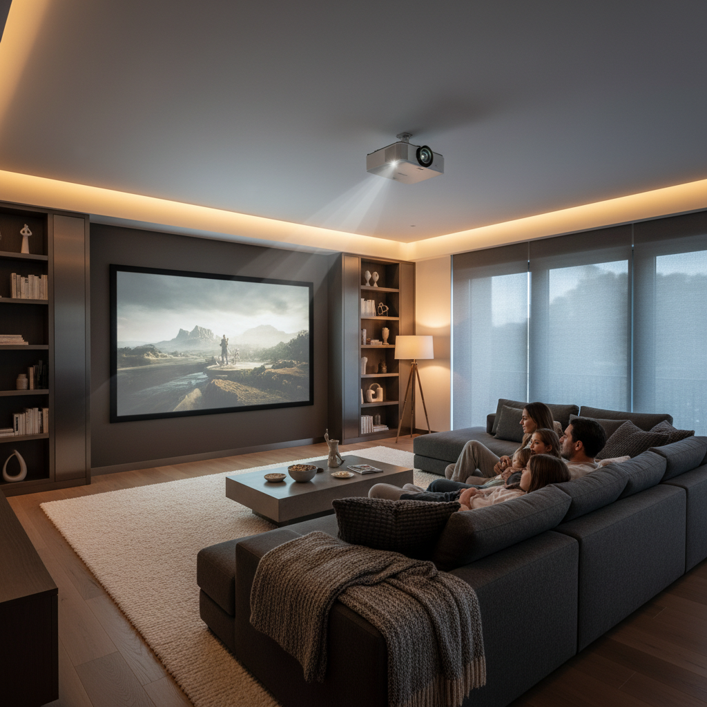 A modern living room with a family watching a movie projected large on the wall, with a subtle projector visible and warm cinematic lighting.