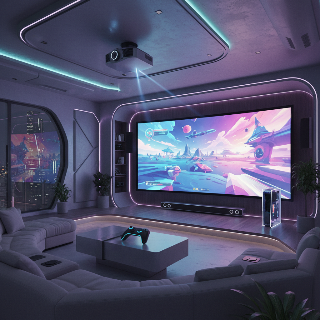 A modern gaming projector setup casting a bright console game onto a large wall screen in a dark immersive room.