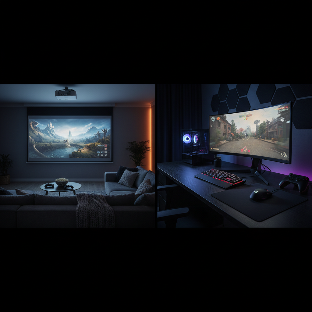 Split view of a living room projector gaming setup on one side and a competitive gaming monitor desk setup on the other.