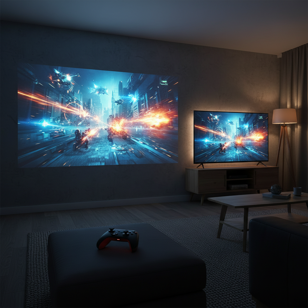 A dramatic living room gaming setup comparing a large projected game scene and a TV side by side, with a console controller visible in a dark immersive room.