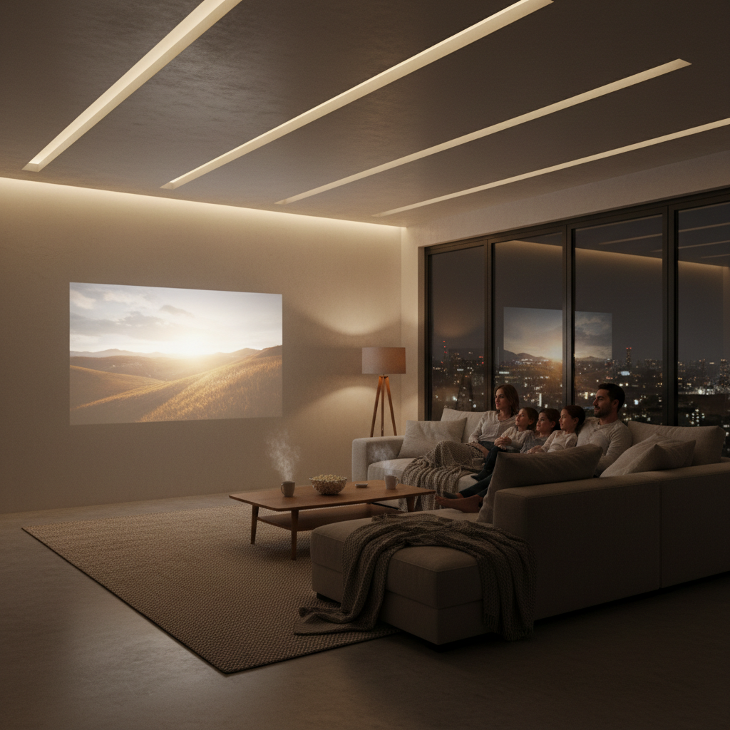A family relaxes in a modern living room at night, watching a large projected movie on the wall with soft lighting.