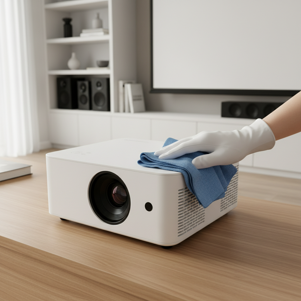 A modern smart projector being gently cleaned with a microfiber cloth in a bright home theater setting.