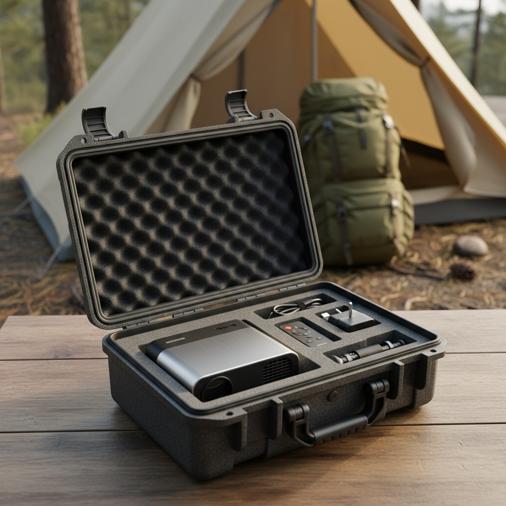 A portable projector safely packed in a protective carrying case with camping gear in the background.