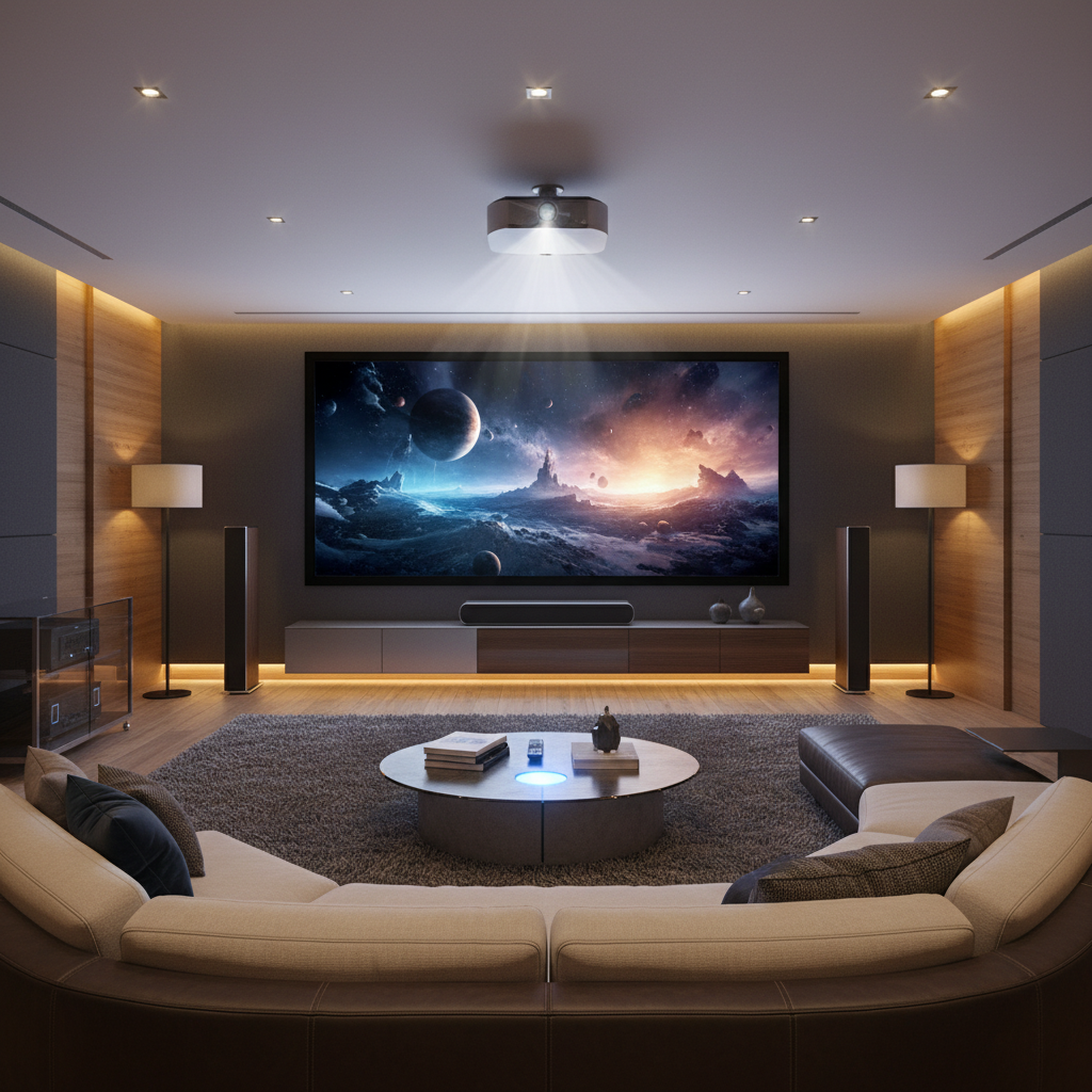 A cozy modern living room with a large projection screen and home theater audio setup.