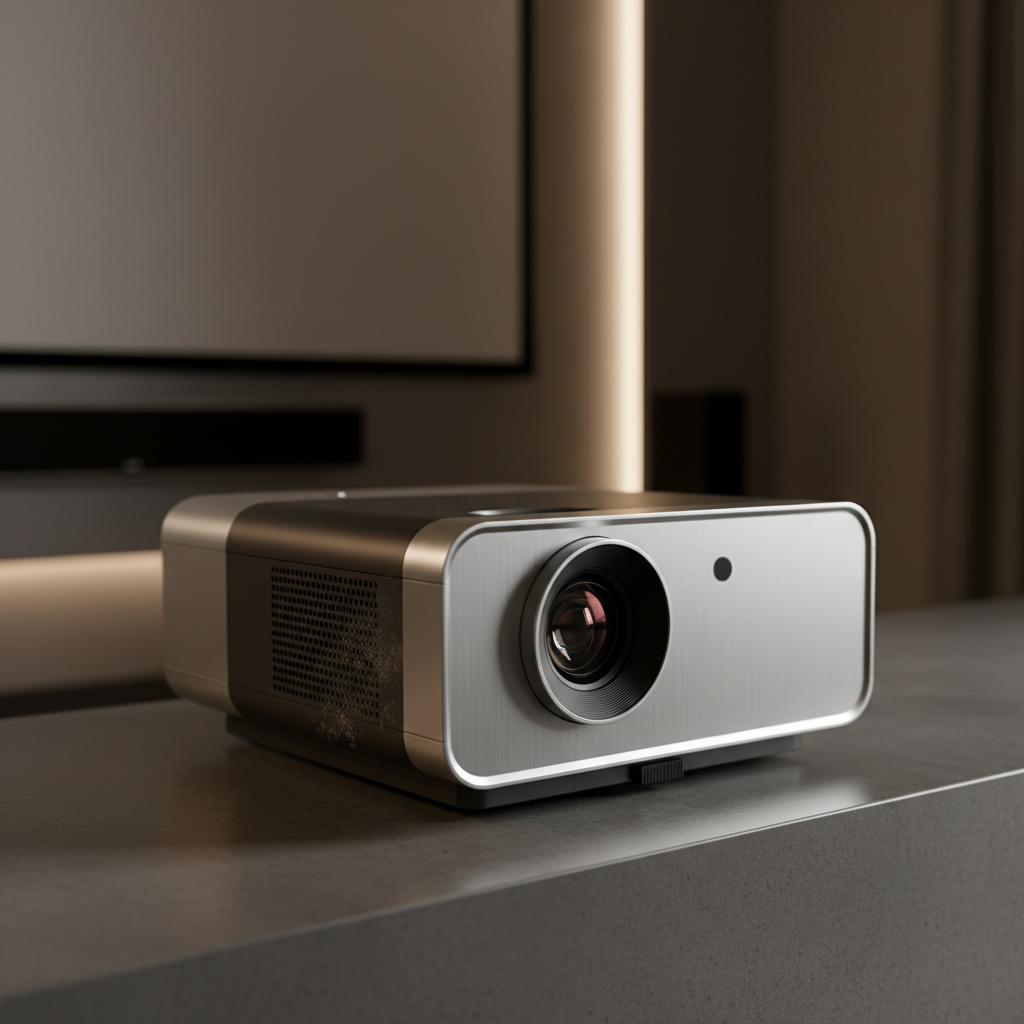 A modern projector in a clean home theater setting with subtle dust visible near the vent and filter area.
