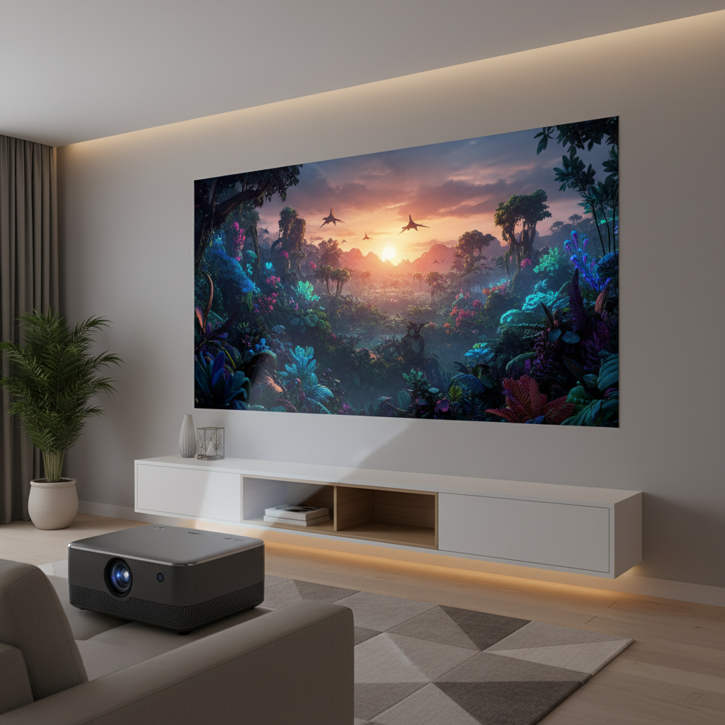 A modern smart projector in a minimalist living room projecting a vibrant movie scene onto a wall.