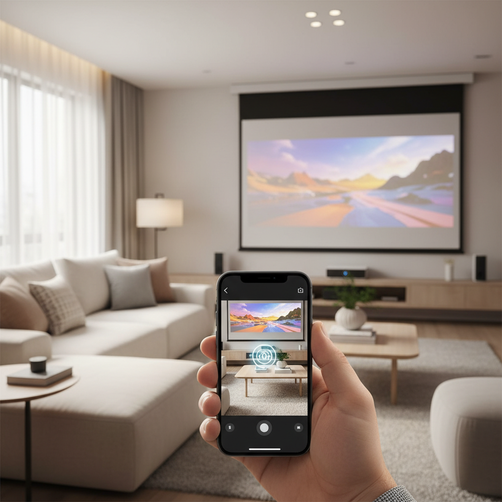 An iPhone wirelessly casting a movie to a large projector screen in a cozy modern living room.